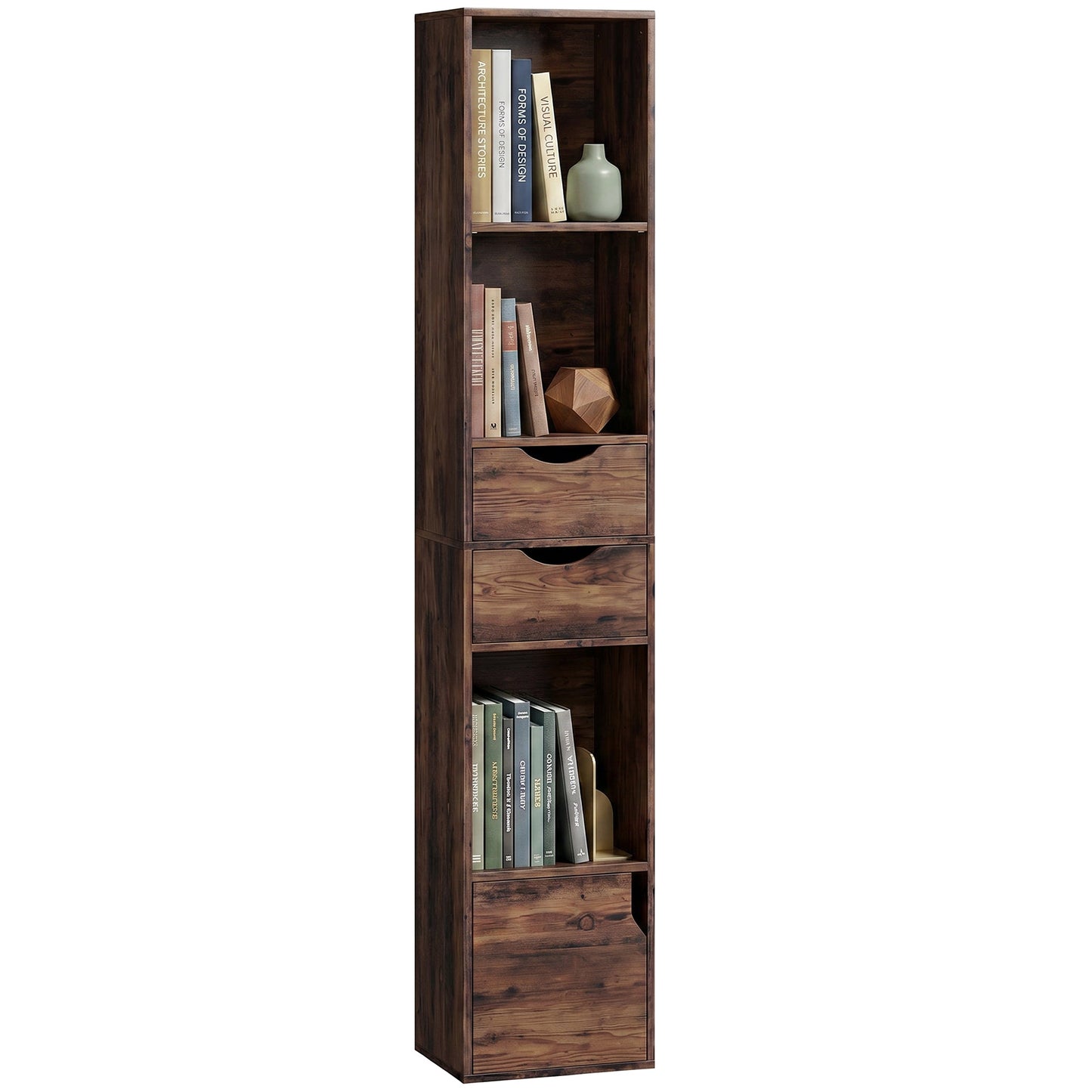 158 cm Bookcase with Drawers, 3-Tier Bookshelf, Slim Storage Cabinet with Doors, Adjustable Shelf for Living Room, Bedroom, Home Office, Rustic Brown