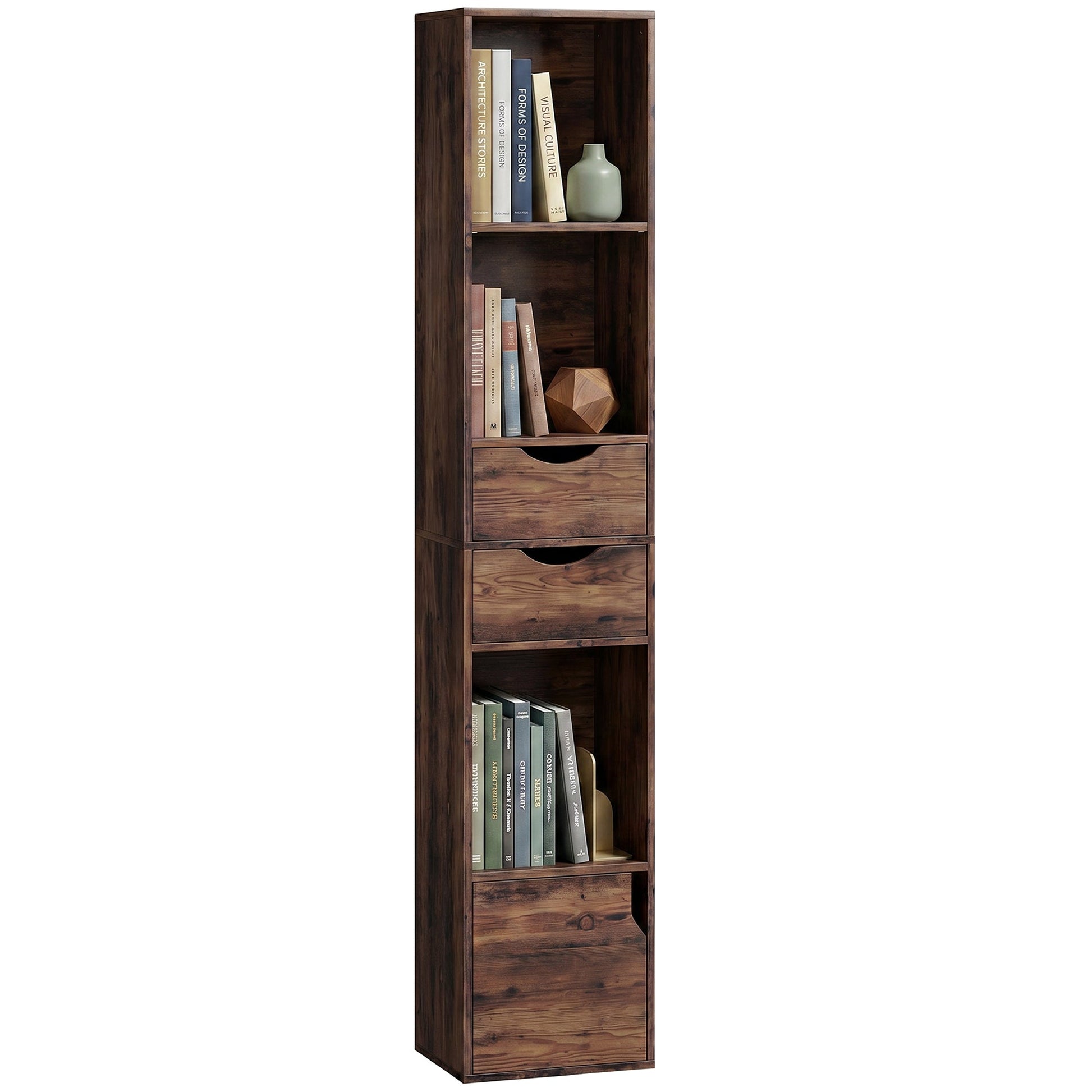 158 cm Bookcase with Drawers, 3-Tier Bookshelf, Slim Storage Cabinet with Doors, Adjustable Shelf for Living Room, Bedroom, Home Office, Rustic Brown