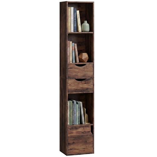 158 cm Bookcase with Drawers, 3-Tier Bookshelf, Slim Storage Cabinet with Doors, Adjustable Shelf for Living Room, Bedroom, Home Office, Rustic Brown