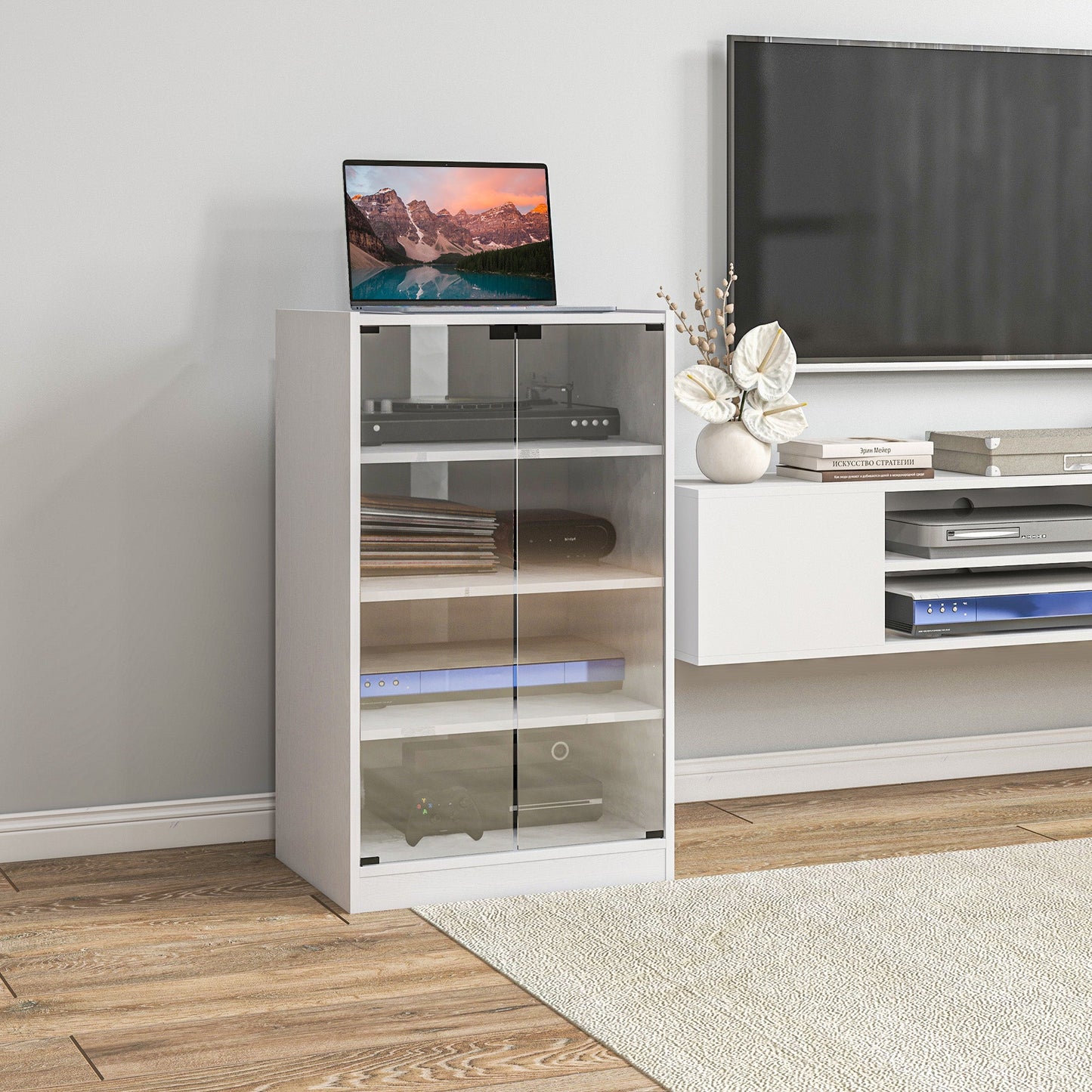 Record Player Stand with Storage, 4-Tier Hi-Fi Stand, Media Cabinet with Adjustable Shelves, Push-to-Open Glass Doors and Cable Management for Music Room and Living Room, White Wood-Effect