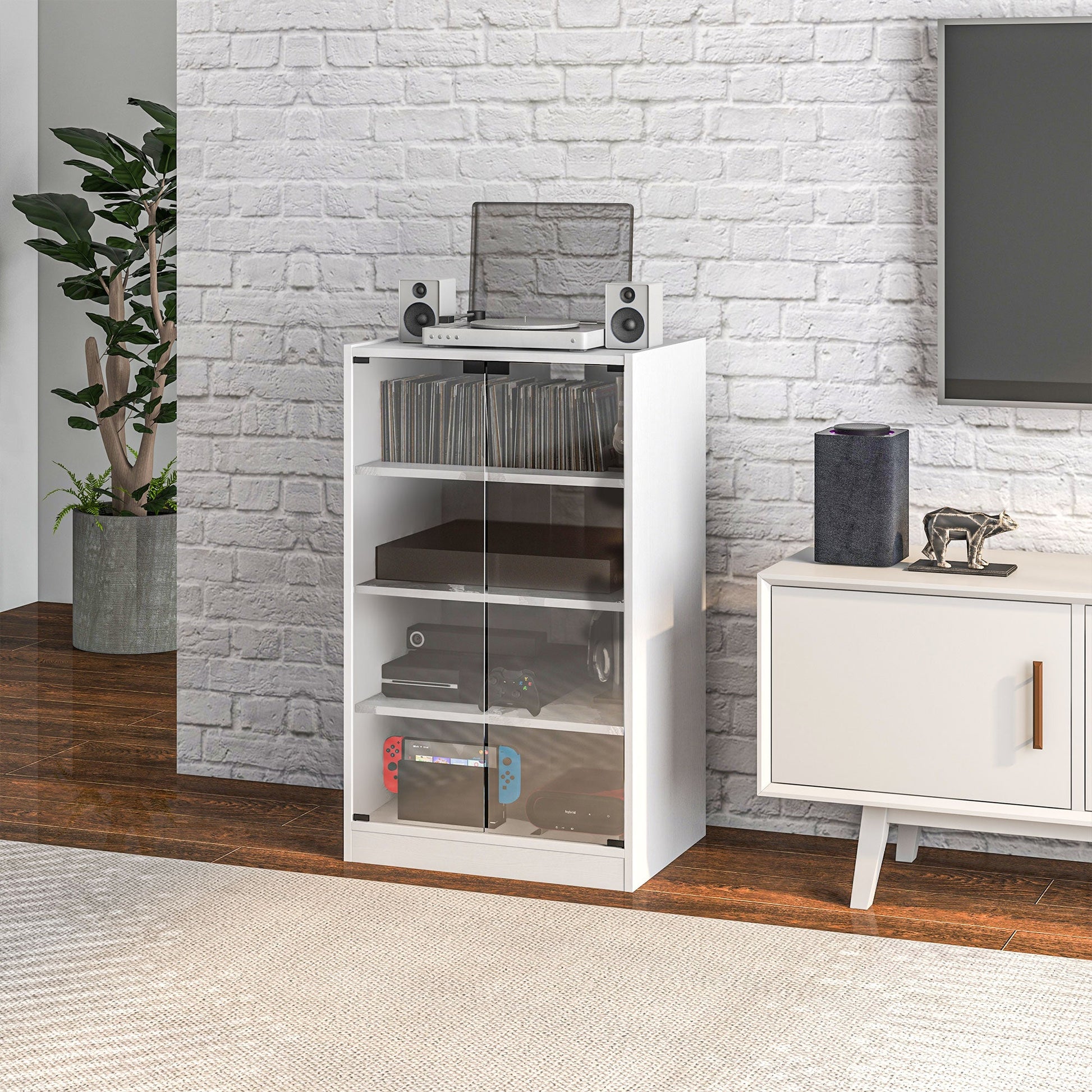 Record Player Stand with Storage, 4-Tier Hi-Fi Stand, Media Cabinet with Adjustable Shelves, Push-to-Open Glass Doors and Cable Management for Music Room and Living Room, White Wood-Effect
