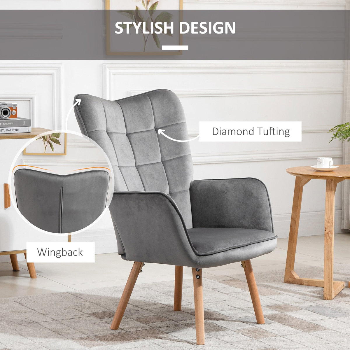 HOMCOM Modern Accent Chair, Upholstered Tufted Wingback Armchair with Seat Padding, Leisure Lounge Bedroom Chair with Wood Legs, Grey