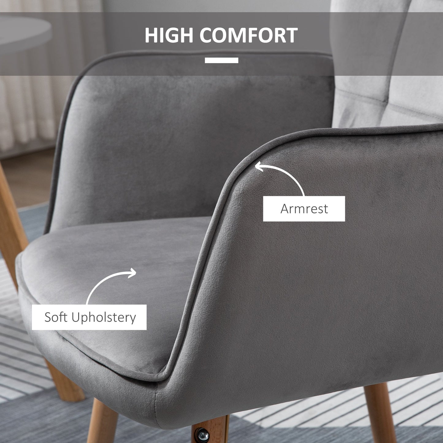 HOMCOM Modern Accent Chair, Upholstered Tufted Wingback Armchair with Seat Padding, Leisure Lounge Bedroom Chair with Wood Legs, Grey