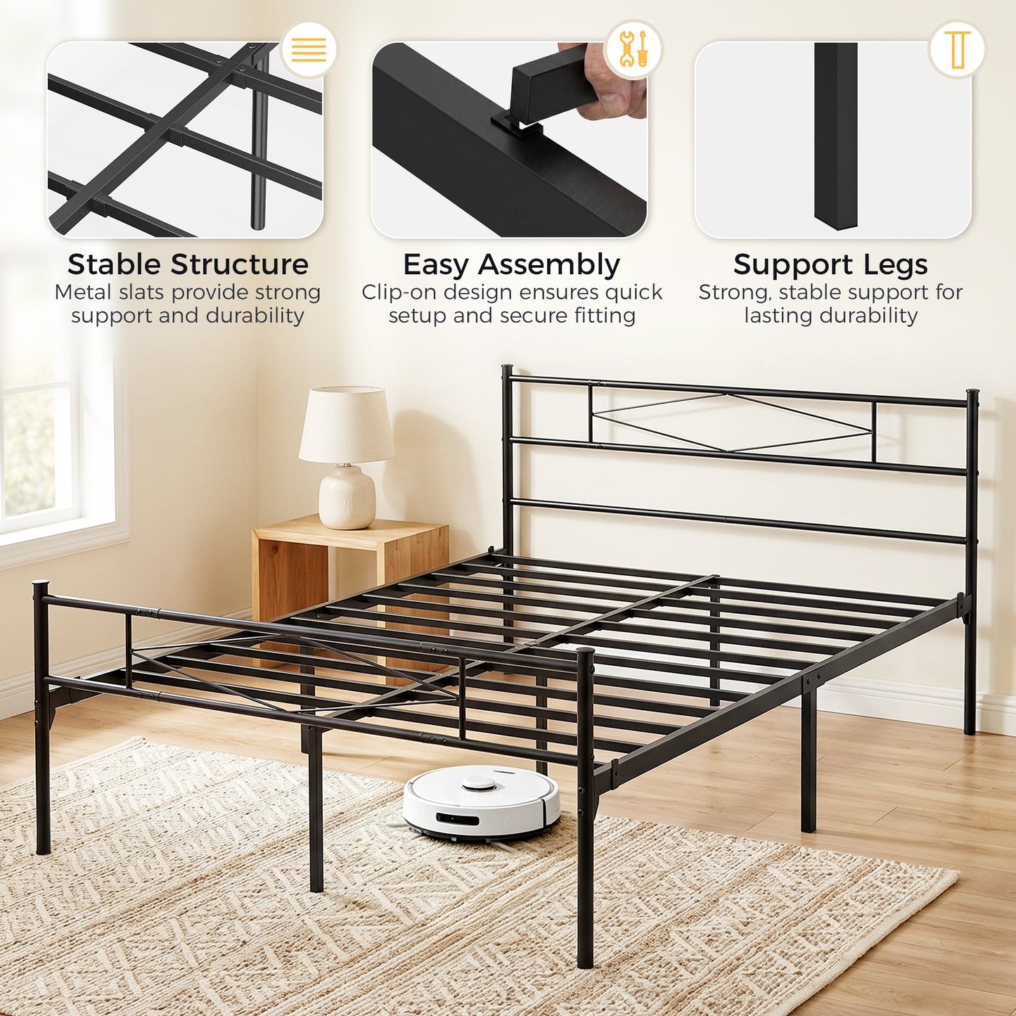 5ft King Bed Frame with Headboard and Footboard, Metal Platform Bed Frame with 32 cm Underbed Storage, Steel Slat Support, Noise-Free, No Box Spring Needed, Easy Assembly, Black