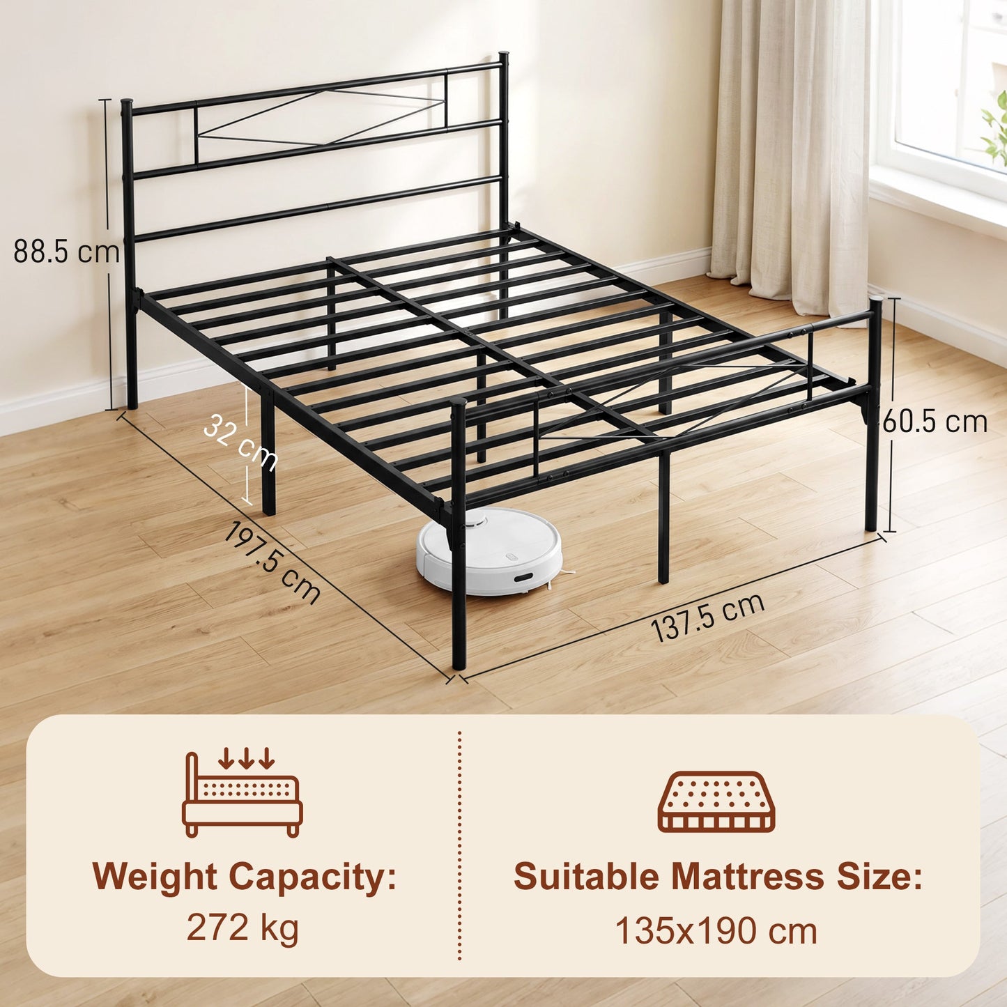 4ft6 Double Bed Frame with Headboard and Footboard, Metal Platform Bed Frame with 32 cm Underbed Storage, Steel Slat Support, Noise-Free, No Box Spring Needed, Easy Assembly, Black
