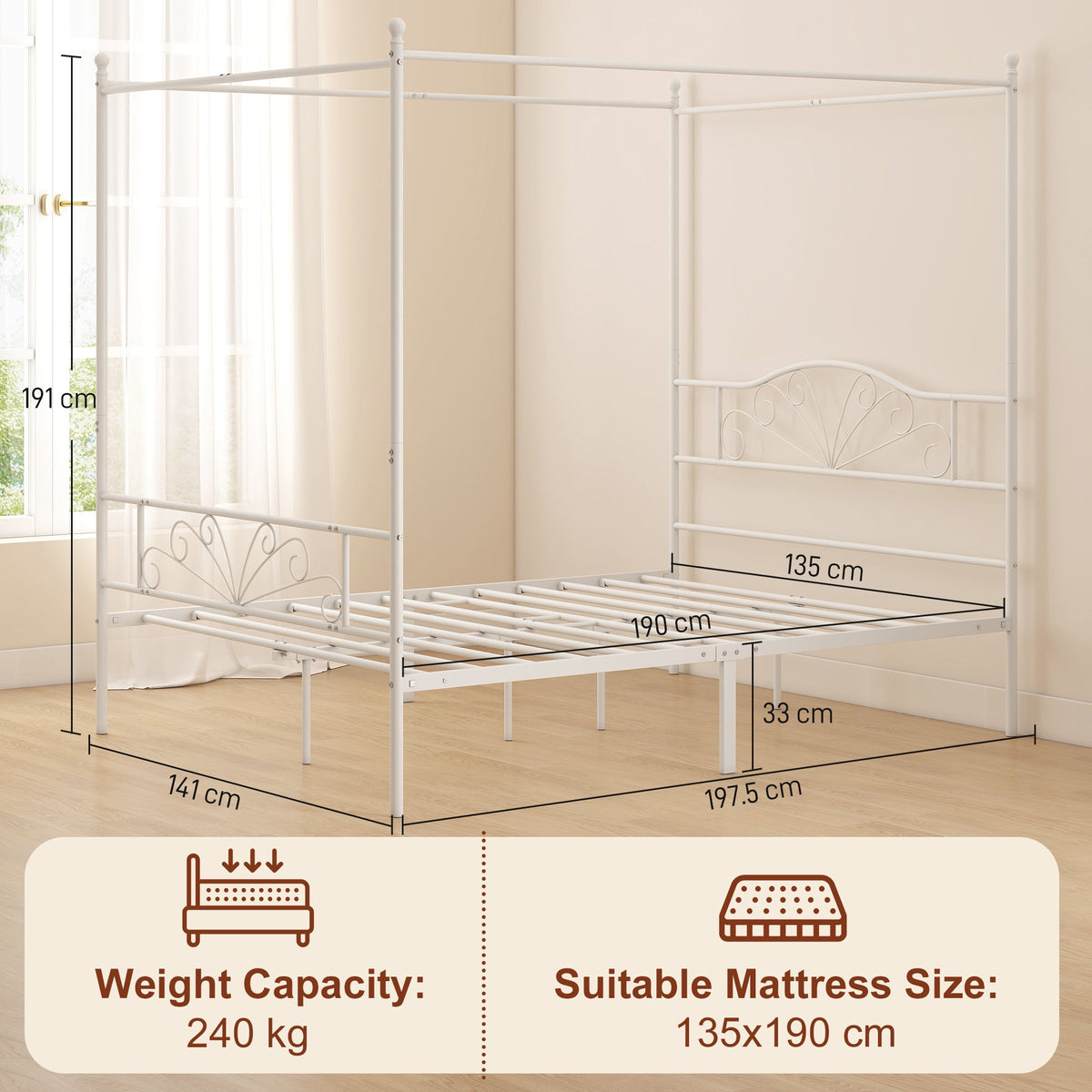 Canopy Bed Frame Double Size, Metal Platform Bed Frame with Headboard and Footboard, Underbed Storage, Heavy Duty Steel Slats Support Mattress Foundation, No Box Spring Needed, White