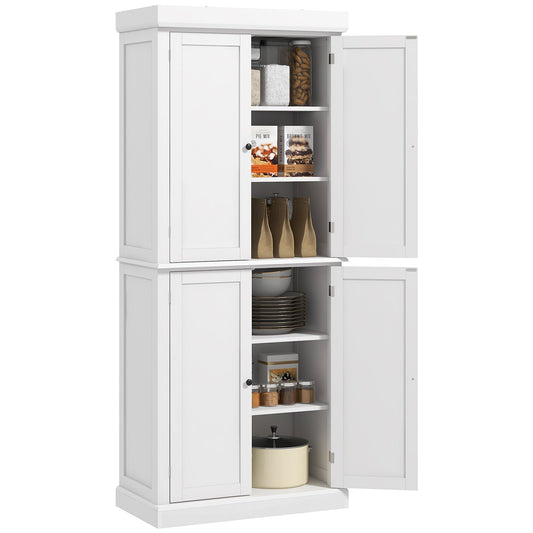 184cm Freestanding Kitchen Cupboard with 4 Doors, Modern Storage Cabinet Organizer with 6-Tier Shelving and 4 Adjustable Shelves, White