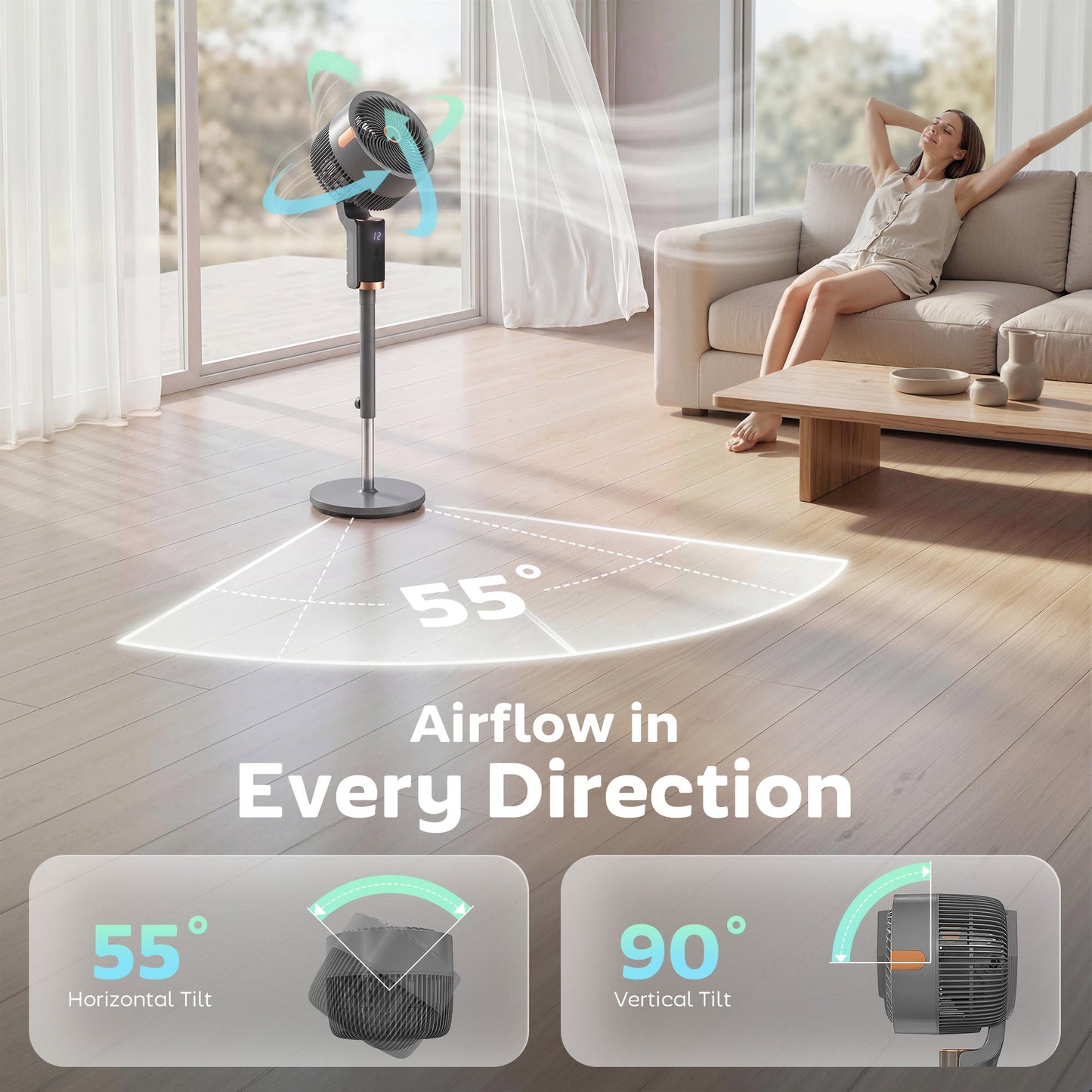 20 dB Silent Standing Fan for Bedroom, 44" Pedestal Fan with 55° Oscillating, 90° Vertical Tilt, 8 Speeds, LED Light, Remote Control, 12H Timer, Adjustable Height, Grey