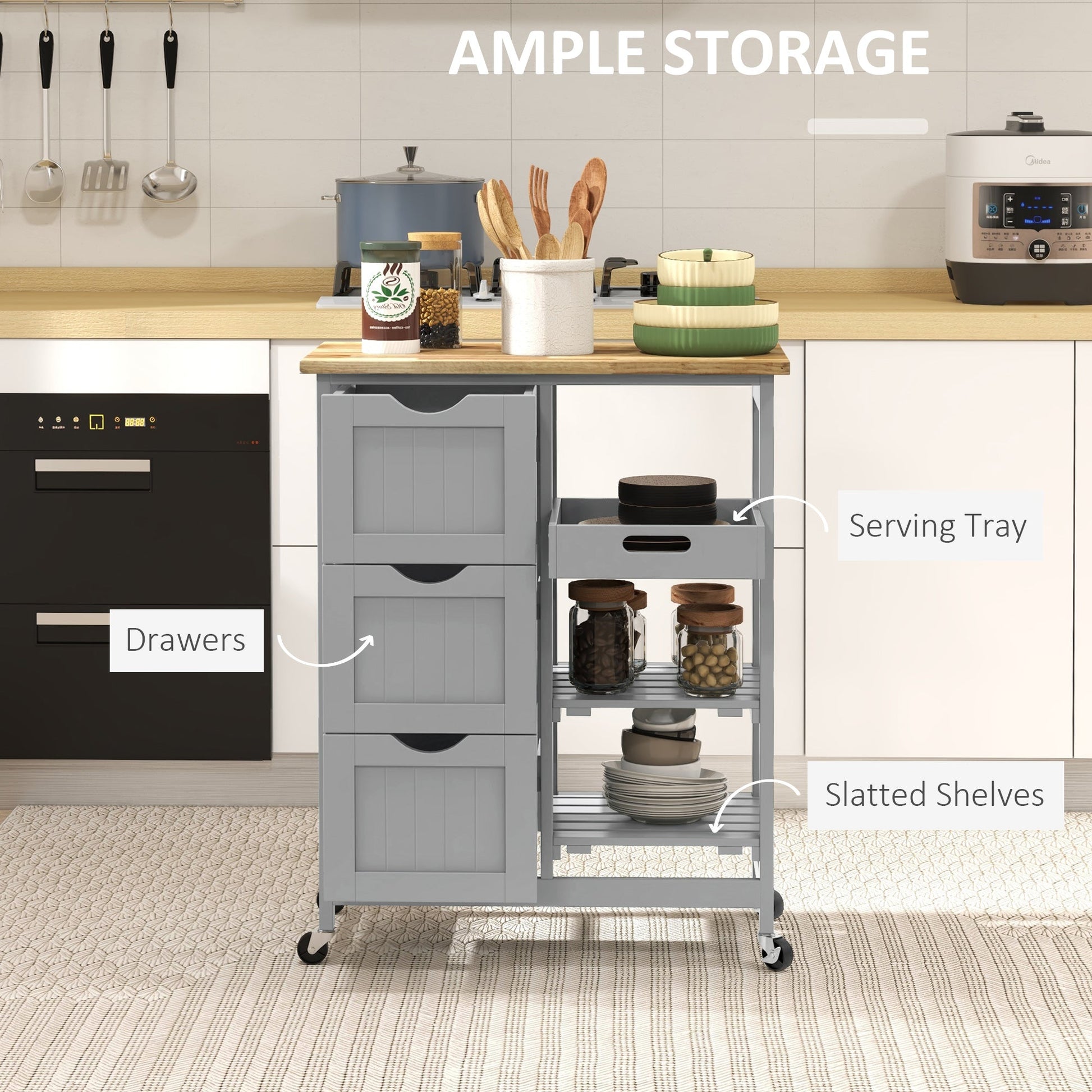 Rolling Kitchen Island Cart, Bar Serving Cart, Compact Trolley on Wheels with Wood Top, Shelves & Drawers for Home Dining Area, Grey