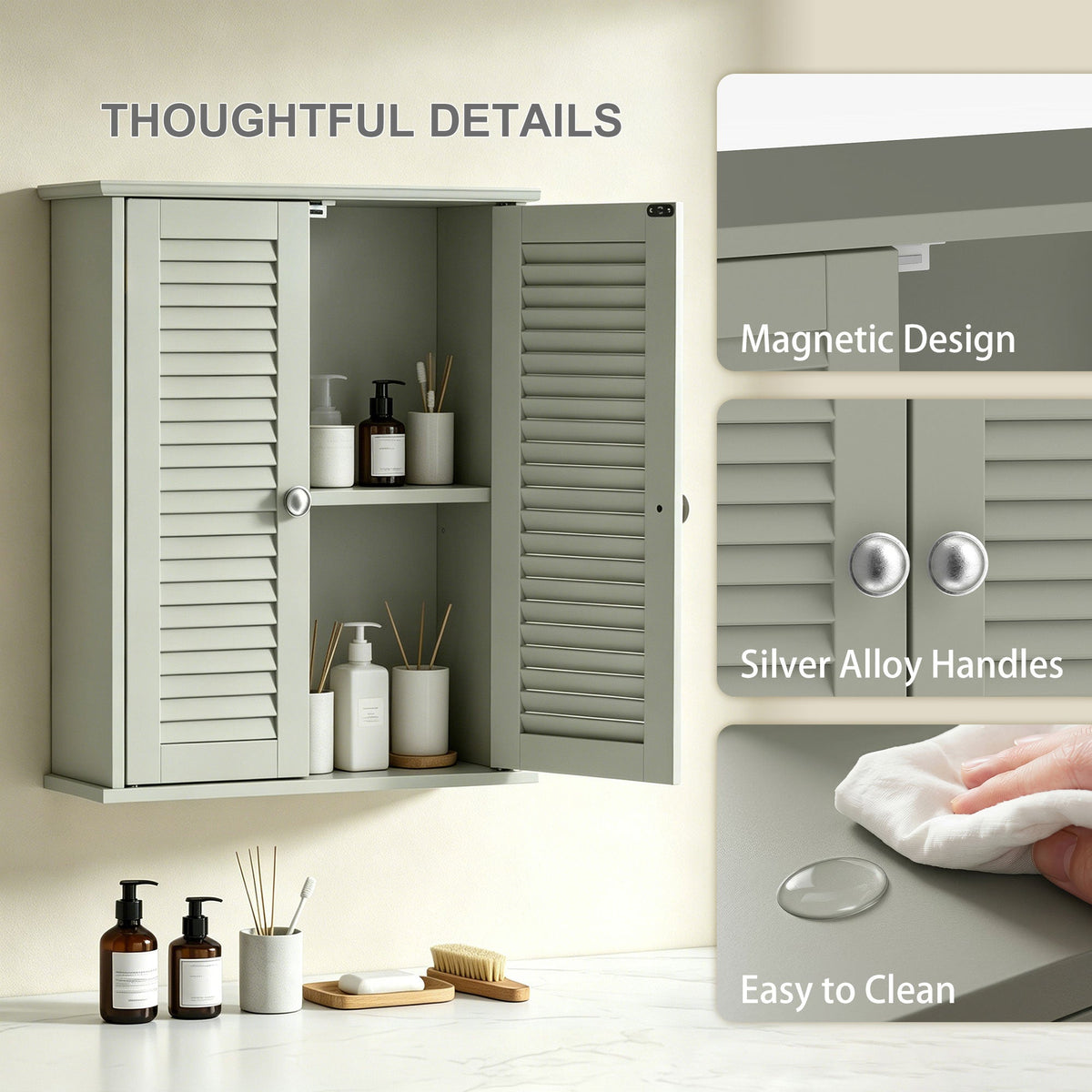 Bathroom Wall Cabinet, Wall-Mounted Over-The-Toilet Space Saver with Louvered Doors and Adjustable Shelf Storage for Kitchen, Living Room, Light Green