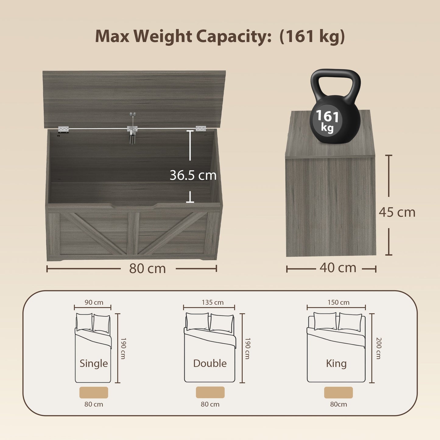 100L Storage Chest, Shoe Storage Trunk Bench Box with Safety Hinge and U-shaped Cut-out Pull, Blanket Box Ottoman for Bedroom, Living Room, Entryway, 80 x 40 x 45 cm, Dark Grey Wood-Effect