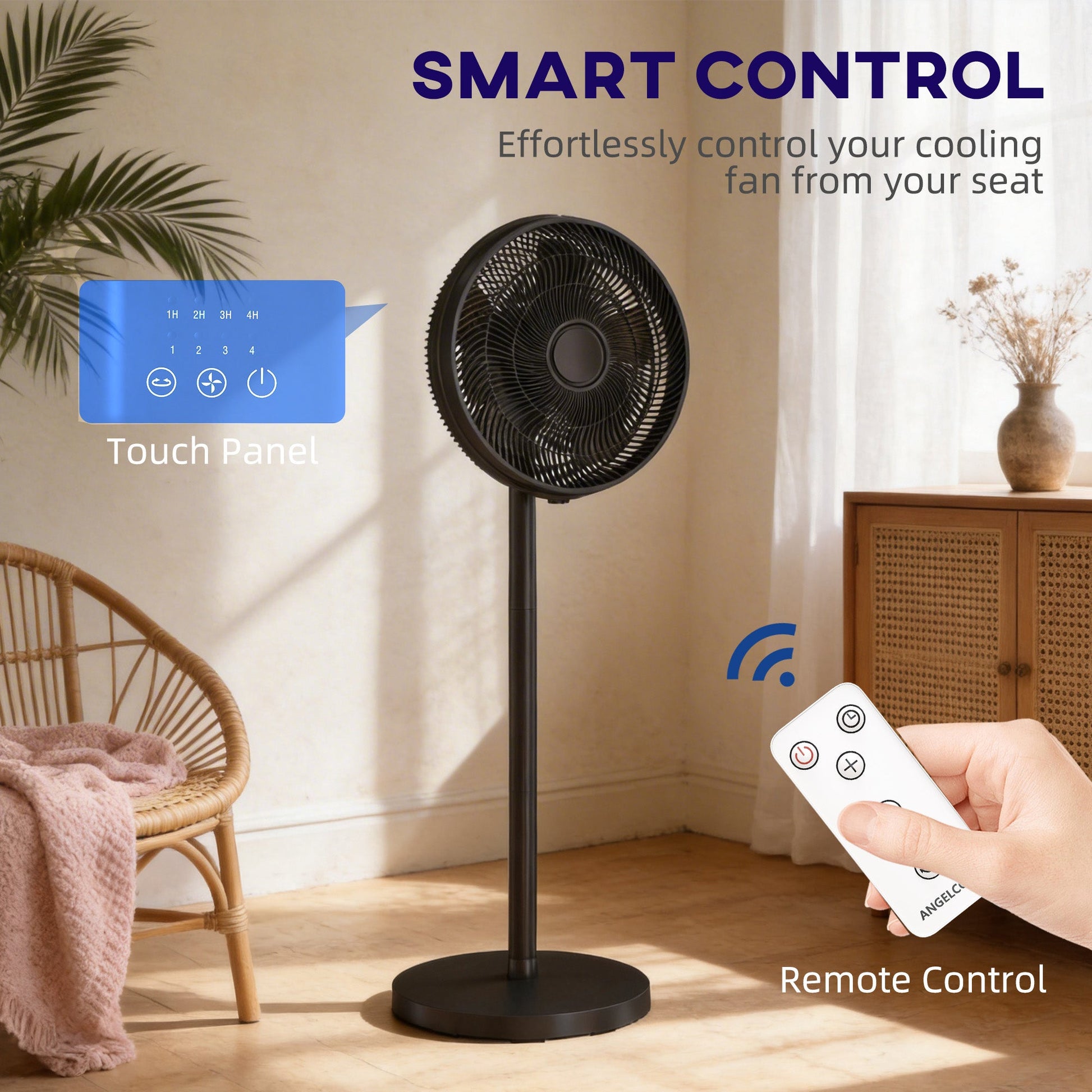 40 cm Standing Pedestal Fan, Quiet Electric Cooling Floor Fan with 80° Oscillating, Adjustable Tilt and Height, 4 Speed, 10H Timer, Remote Control, LED Display, for Home Office Bedroom, Black