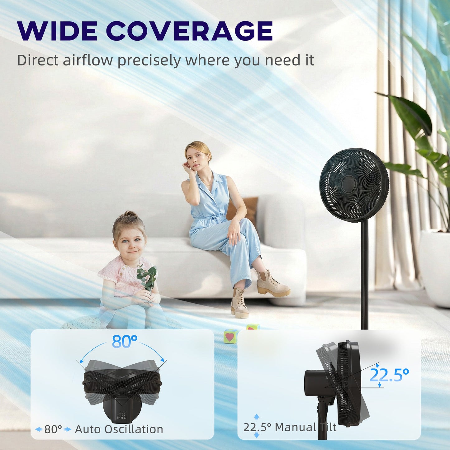 40 cm Standing Pedestal Fan, Quiet Electric Cooling Floor Fan with 80° Oscillating, Adjustable Tilt and Height, 4 Speed, 10H Timer, Remote Control, LED Display, for Home Office Bedroom, Black