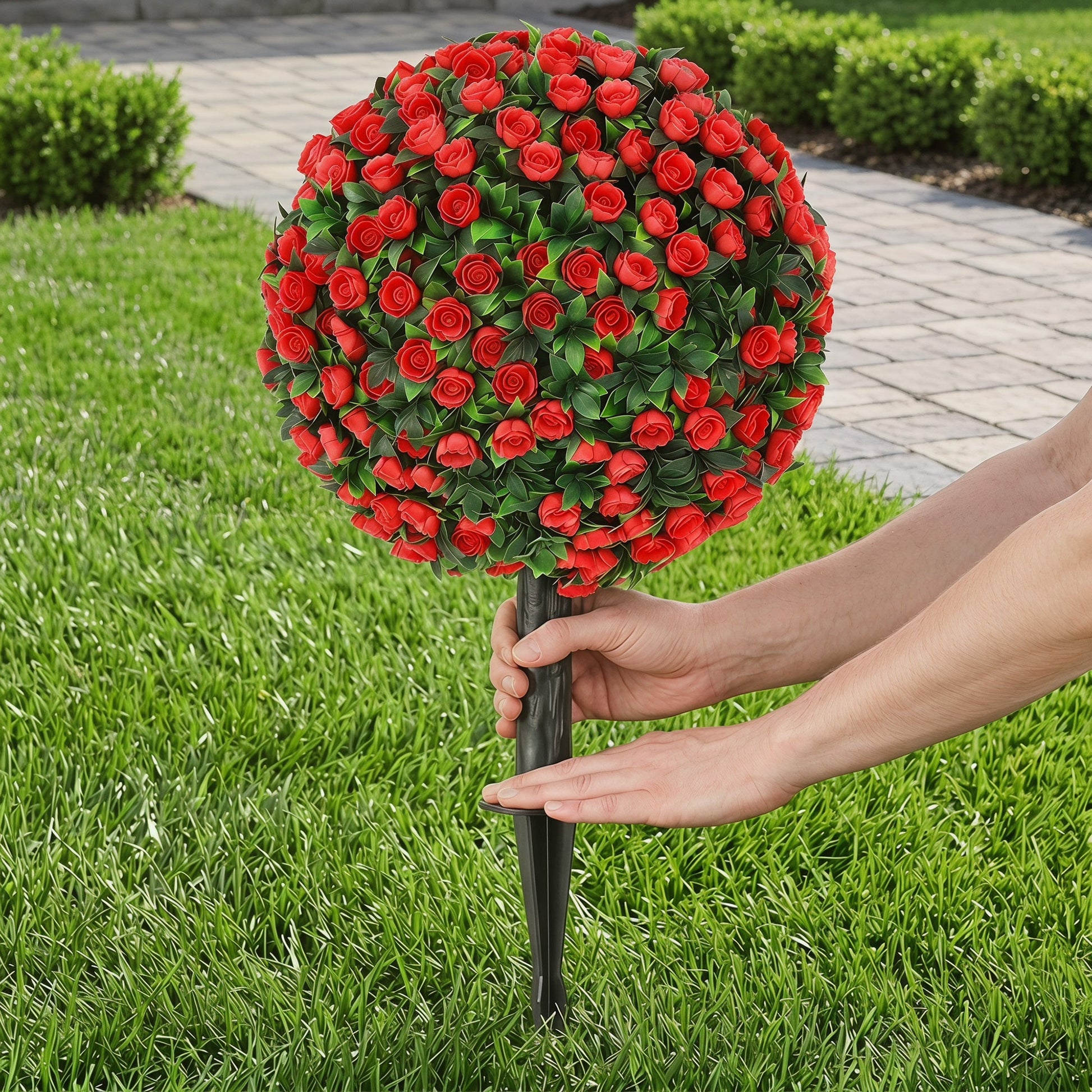 Set of 2 55 cm Artificial Rose Topiary with Ground Stake, UV-Resistant Fake Plants with 306 Roses and Leaves for Indoor Outdoor Home Office Garden Decor, Red
