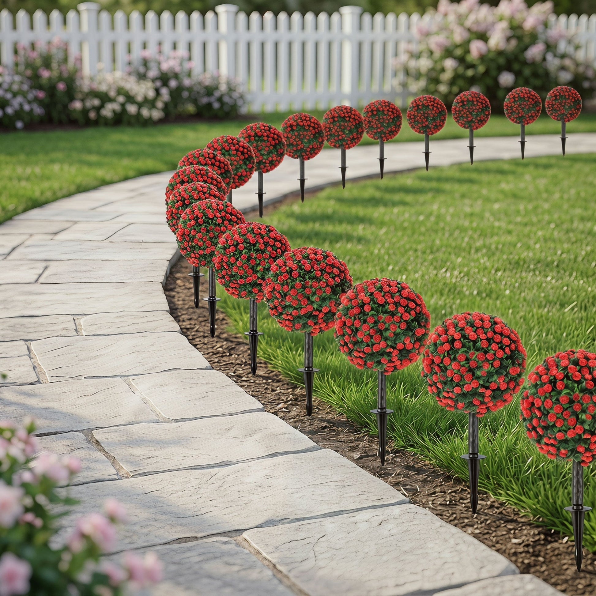 Set of 2 55 cm Artificial Rose Topiary with Ground Stake, UV-Resistant Fake Plants with 306 Roses and Leaves for Indoor Outdoor Home Office Garden Decor, Red