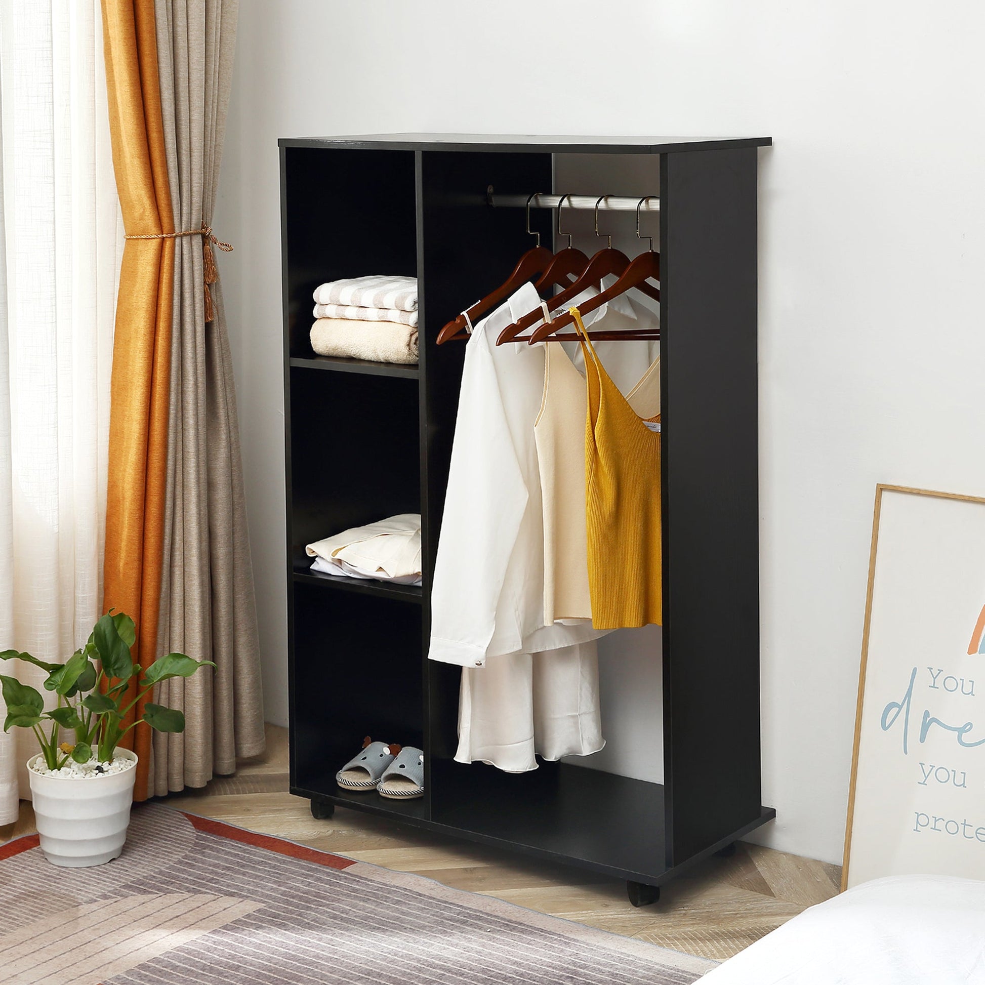 HOMCOM Open Wardrobe on Wheels with Clothes Rail, Bedroom Clothes Storage with Hanging Rod, 3 Storage Shelves, Mobile Garment Rack for Cloakroom, Hallway, Black