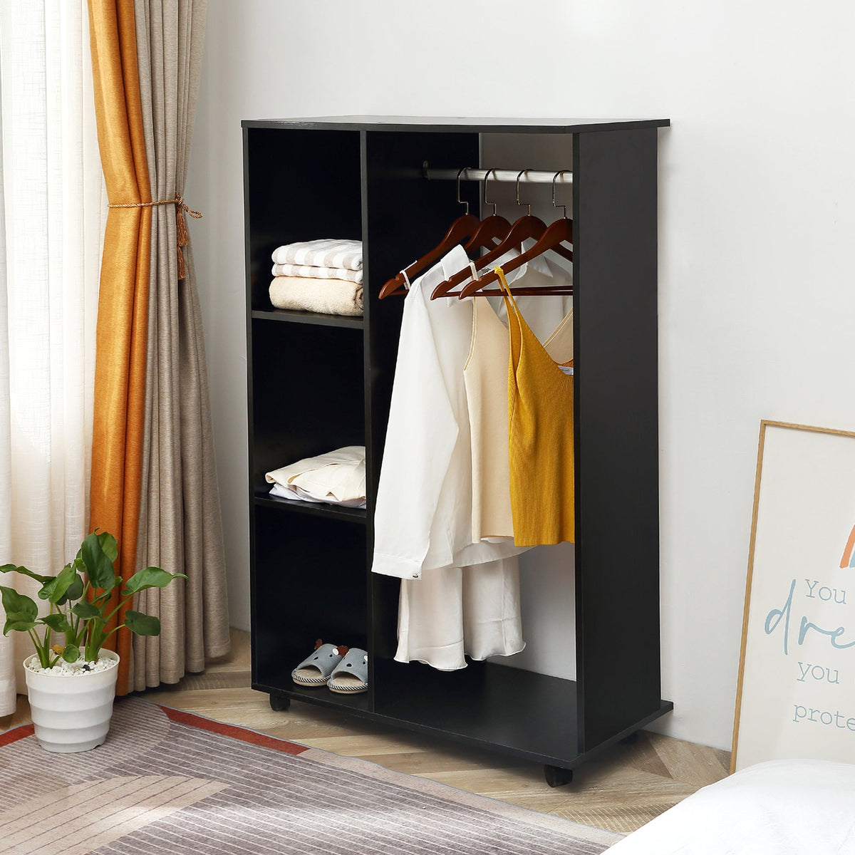 HOMCOM Open Wardrobe on Wheels with Clothes Rail, Bedroom Clothes Storage with Hanging Rod, 3 Storage Shelves, Mobile Garment Rack for Cloakroom, Hallway, Black