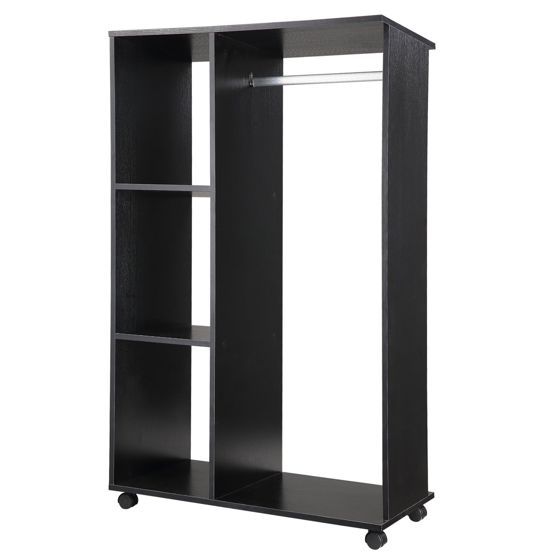 HOMCOM Open Wardrobe on Wheels with Clothes Rail, Bedroom Clothes Storage with Hanging Rod, 3 Storage Shelves, Mobile Garment Rack for Cloakroom, Hallway, Black