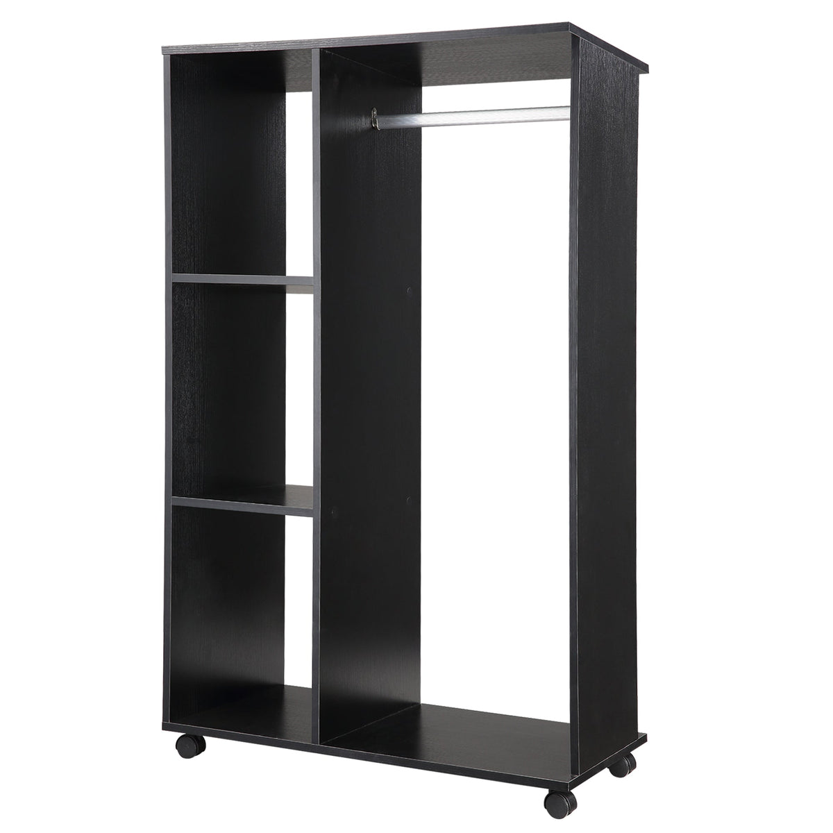 HOMCOM Open Wardrobe on Wheels with Clothes Rail, Bedroom Clothes Storage with Hanging Rod, 3 Storage Shelves, Mobile Garment Rack for Cloakroom, Hallway, Black