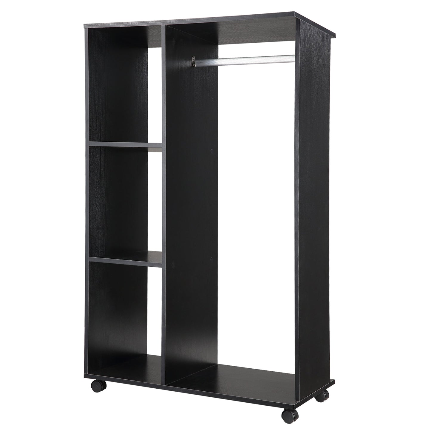 HOMCOM Open Wardrobe on Wheels with Clothes Rail, Bedroom Clothes Storage with Hanging Rod, 3 Storage Shelves, Mobile Garment Rack for Cloakroom, Hallway, Black