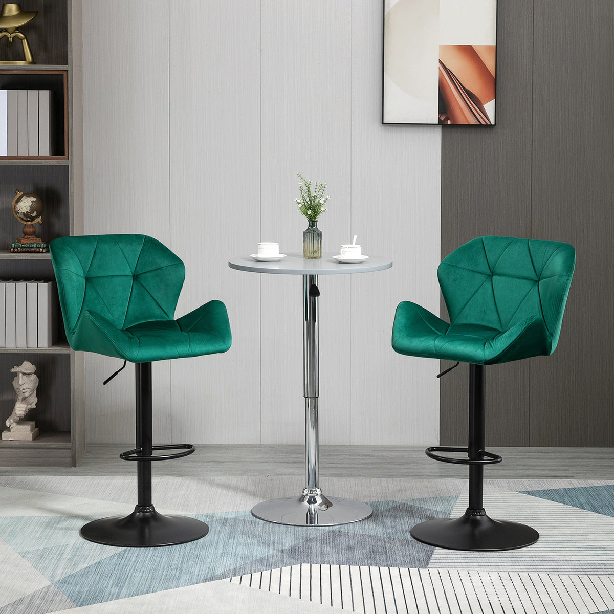 HOMCOM Bar Stools Set Of 2, Luxurious Velvet-Touch Barstools with Metal Frame Footrest Round Base Triangle Indenting Moulded Seat Adjustable Height Swivel Green