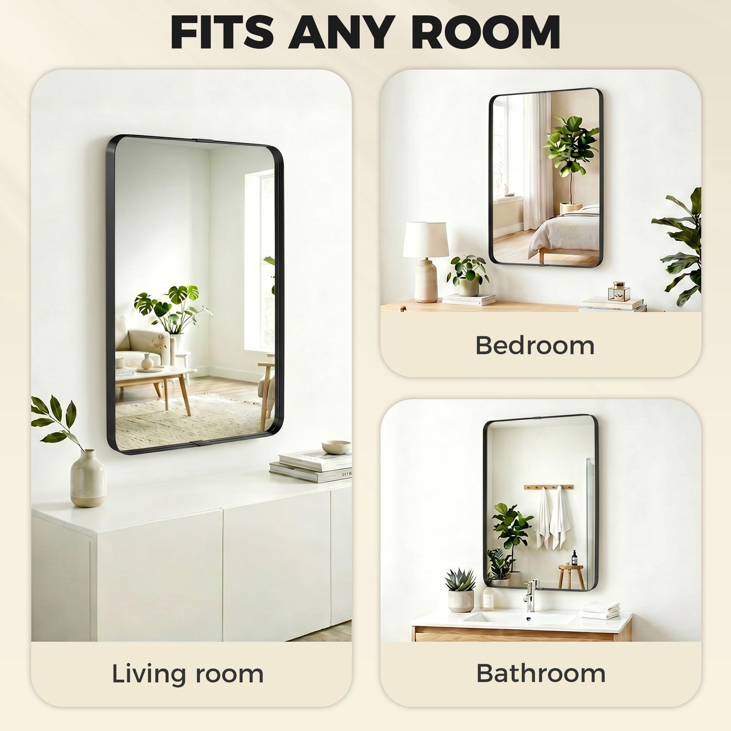 Rectangular Wall Mirror, 90 x 60 cm Wall Mounted Bathroom Mirror with Aluminium Alloy Frame and Tempered Glass for Hallway, Living Room, Bedroom, Black