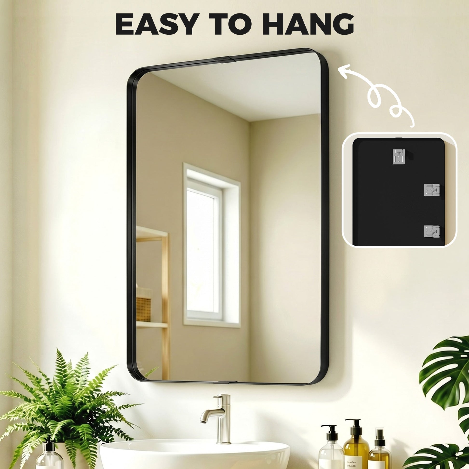 Rectangular Wall Mirror, 90 x 60 cm Wall Mounted Bathroom Mirror with Aluminium Alloy Frame and Tempered Glass for Hallway, Living Room, Bedroom, Black