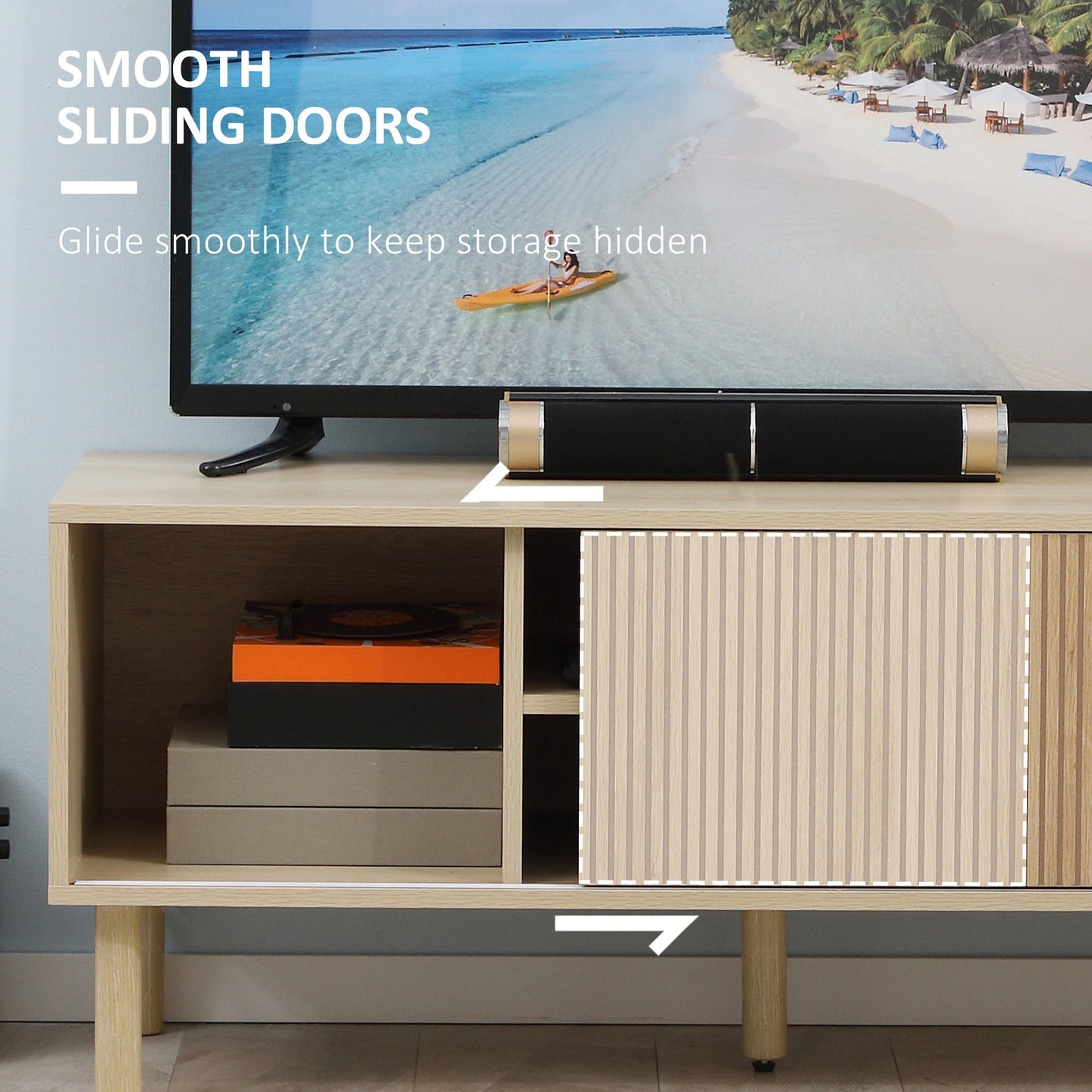 HOMCOM TV Stand Cabinet, TV Unit for TVs up to 50", TV Cabinet with Storage Shelves, Sliding Doors and Cable Holes for Living Room, Bedroom, Natural Wood Finish