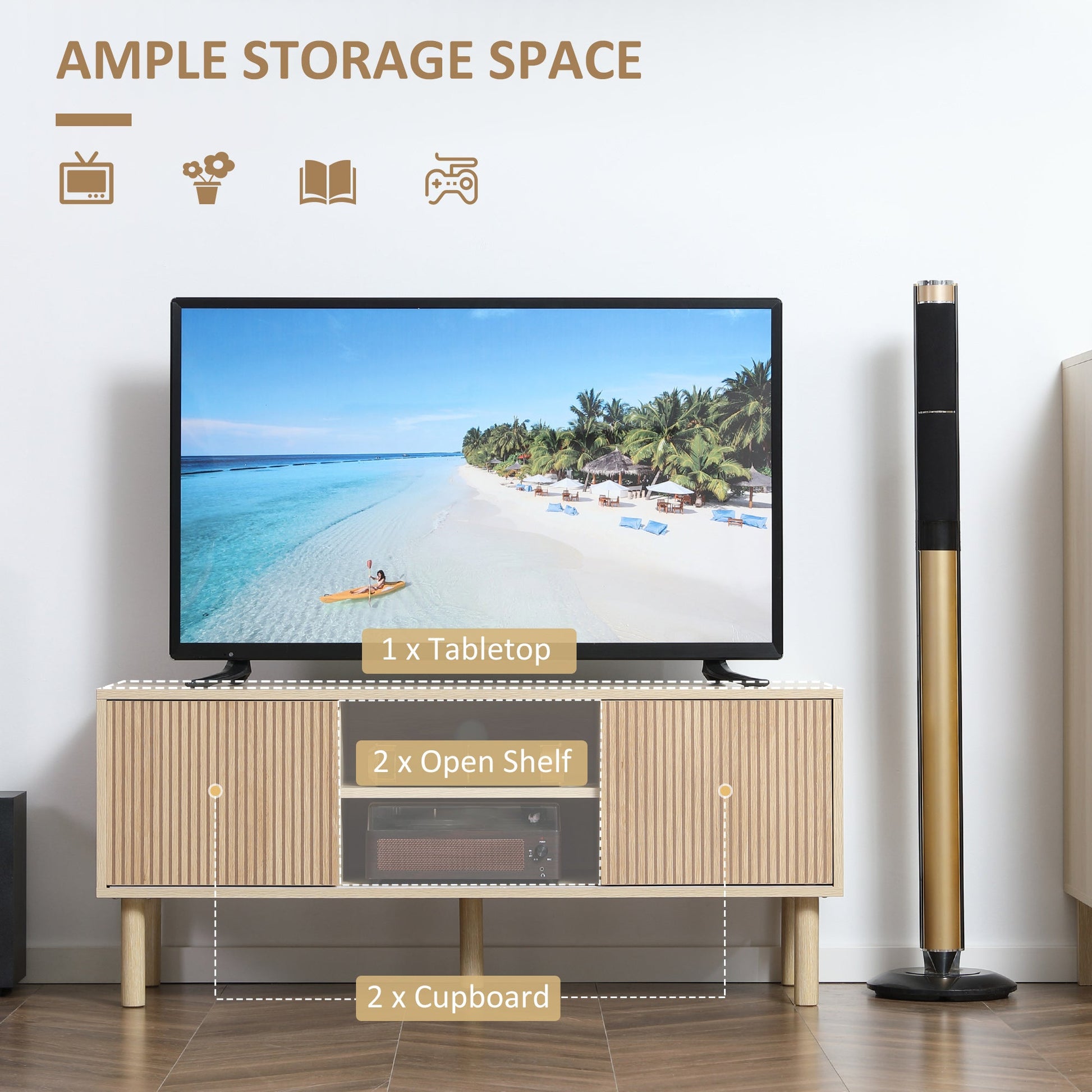 HOMCOM TV Stand Cabinet, TV Unit for TVs up to 50", TV Cabinet with Storage Shelves, Sliding Doors and Cable Holes for Living Room, Bedroom, Natural Wood Finish
