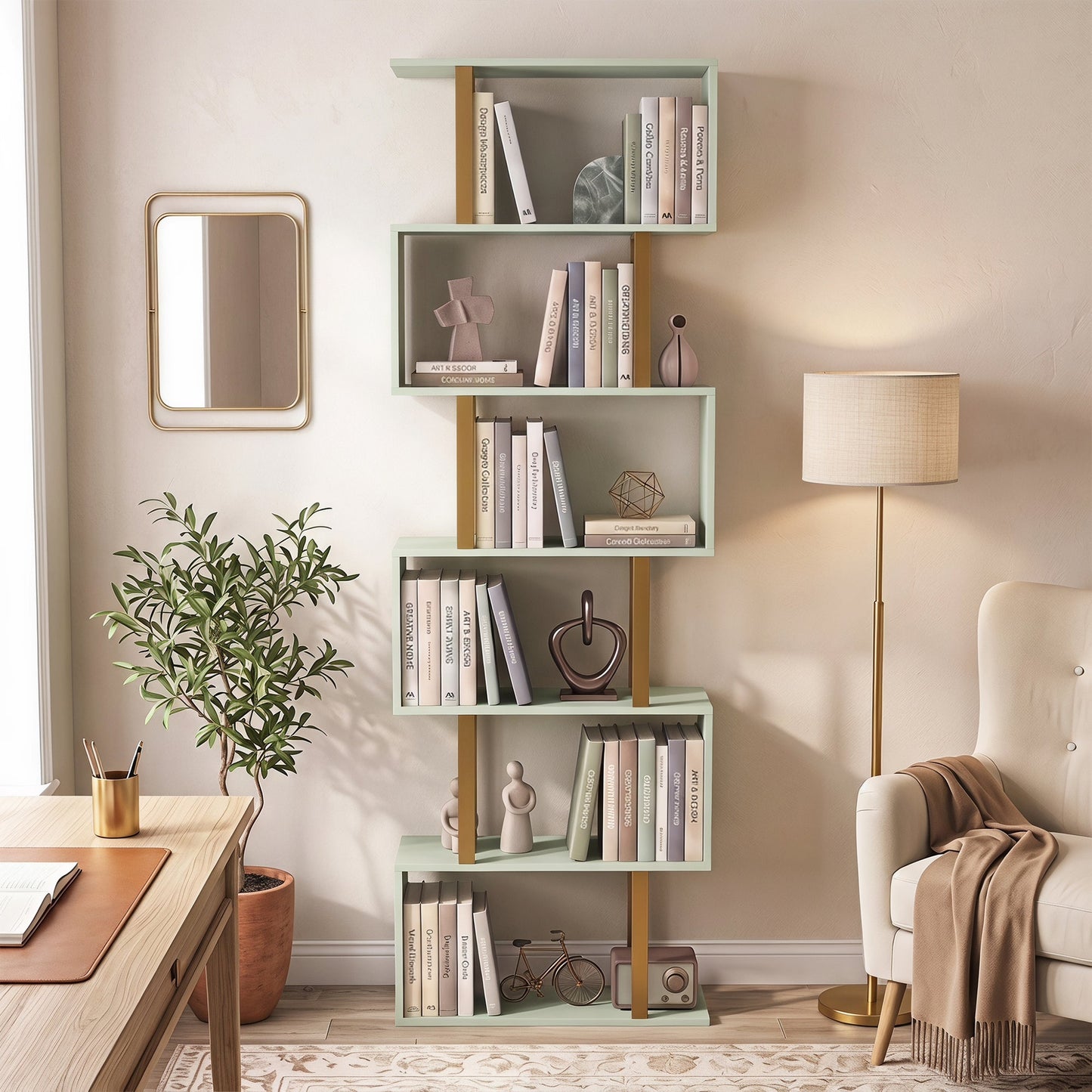S-Shaped Bookshelf, 5-Tier Bookcase, Freestanding Storage Shelves with Anti-Tip Strap for Study, Living Room, Light Green