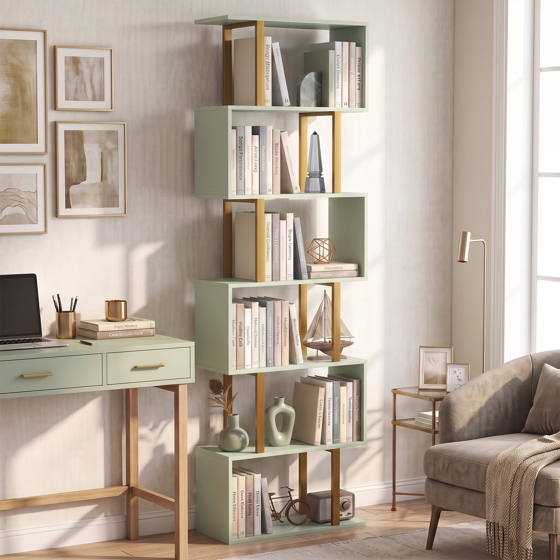 S-Shaped Bookshelf, 5-Tier Bookcase, Freestanding Storage Shelves with Anti-Tip Strap for Study, Living Room, Light Green