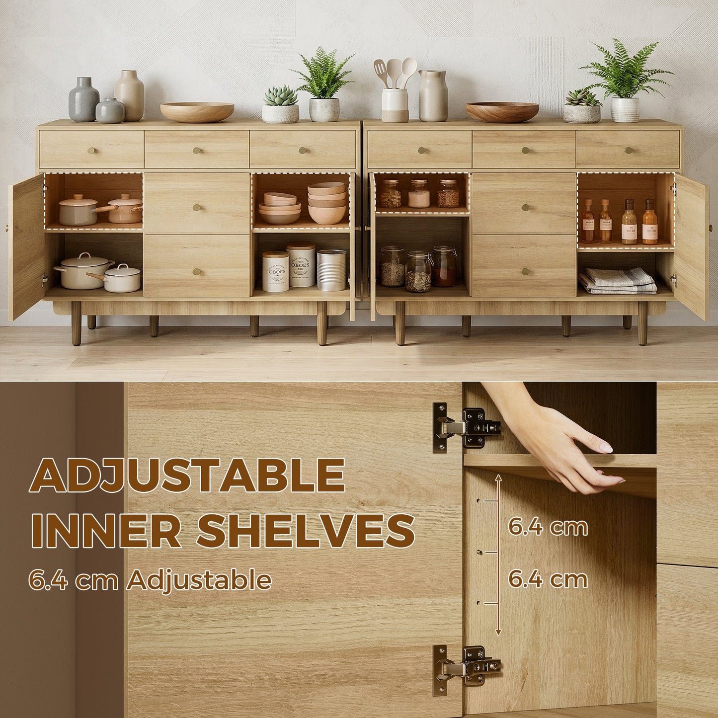 Modern Sideboard, Buffet Cabinet, Storage Cupboards with Adjustable Shelf, 5 Drawers and 2 Cabinets, 136 x 38 x 80 cm, for Living Room, Kitchen, Dining Room