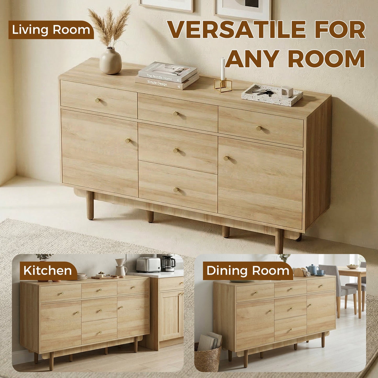Modern Sideboard, Buffet Cabinet, Storage Cupboards with Adjustable Shelf, 5 Drawers and 2 Cabinets, 136 x 38 x 80 cm, for Living Room, Kitchen, Dining Room