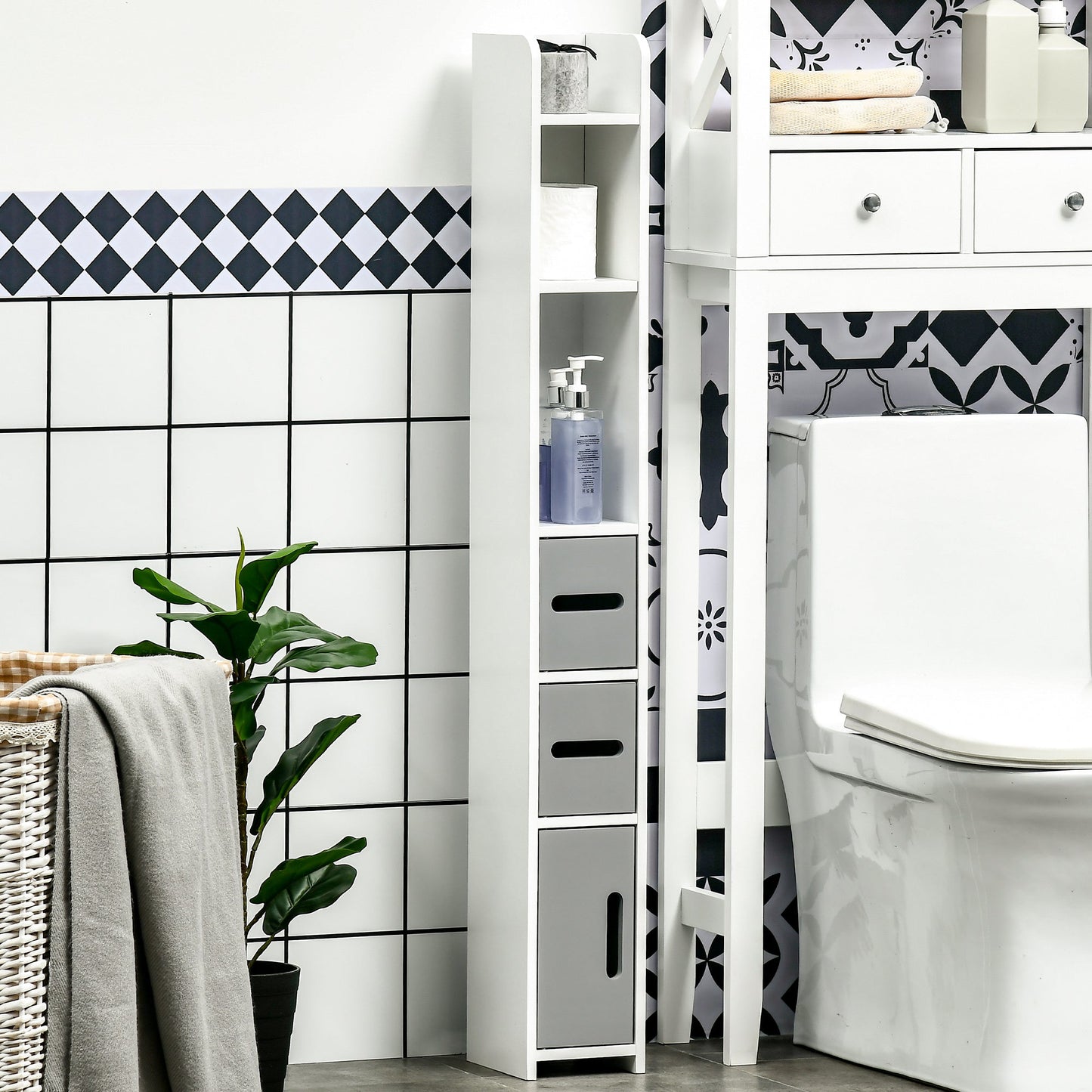 kleankin Modern Bathroom Storage Cabinet, Freestanding Tall Bathroom Cabinet with Open Shelves and 3 Cupboards with Door, for Bedroom Hallway, Grey