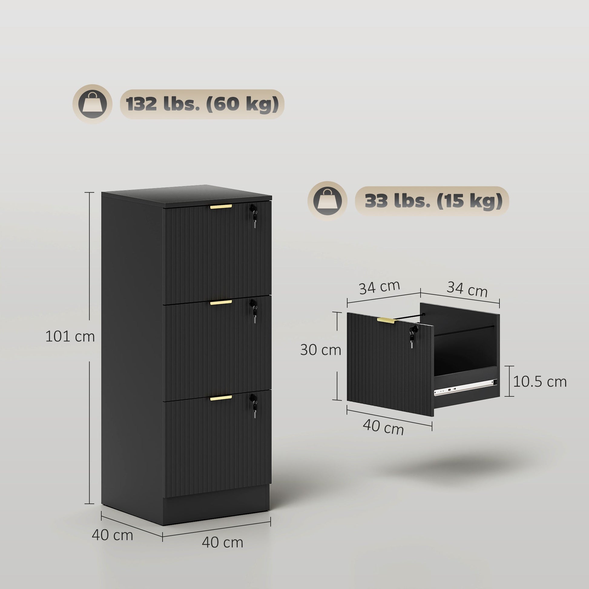 3 Drawer Filing Cabinet, Fluted Vertical File Cabinet with Lock and Adjustable Hanging Rails for A4 and Letter Size Files, Printer Stand with Storage, Black