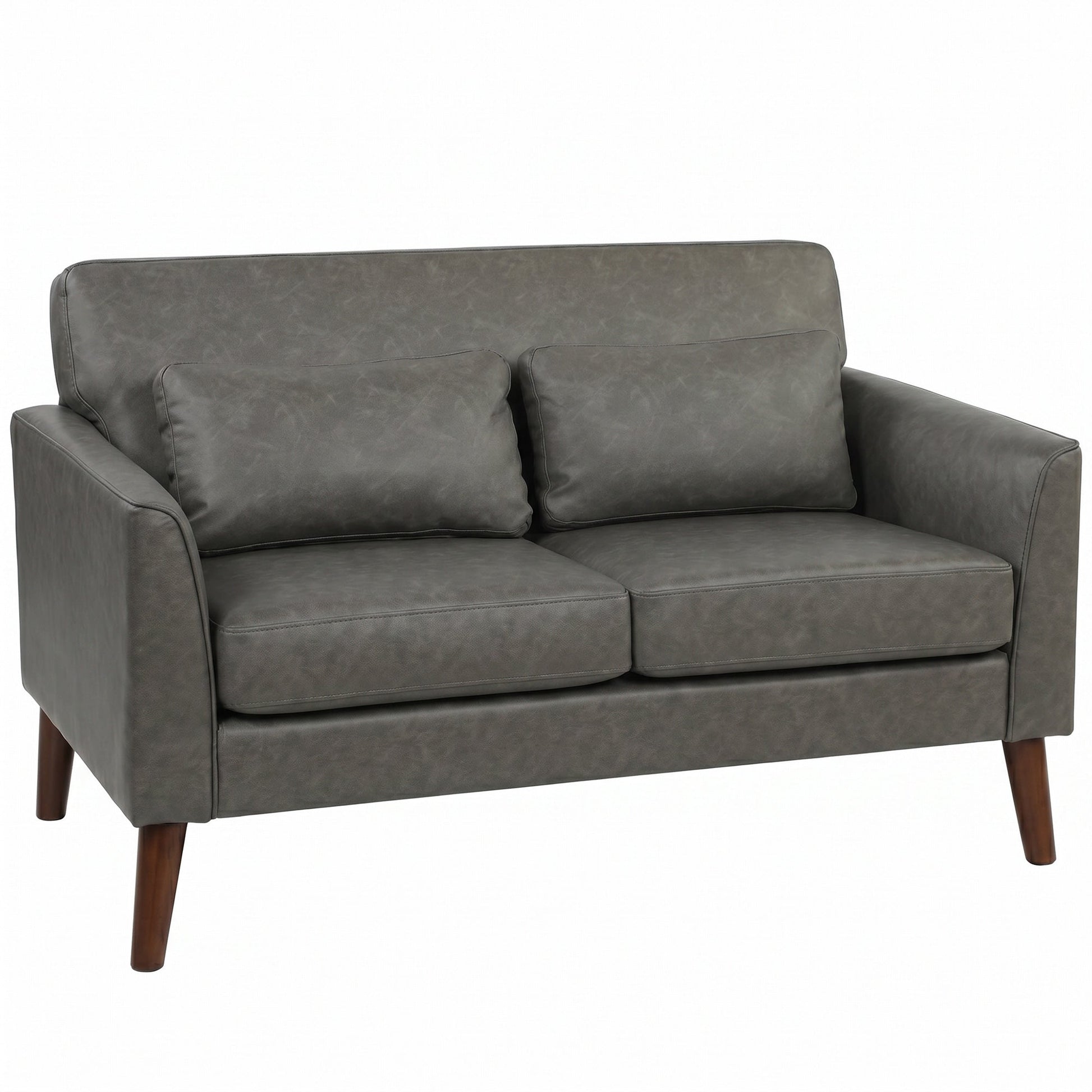 2 Seater Sofa, 132 cm Modern Small Sofa, PU Leather Upholstered Loveseat with Solid Wood Legs and 2 Pillows, Couch Settee for Small Space, Living Room, Bedroom, Home Office, Grey