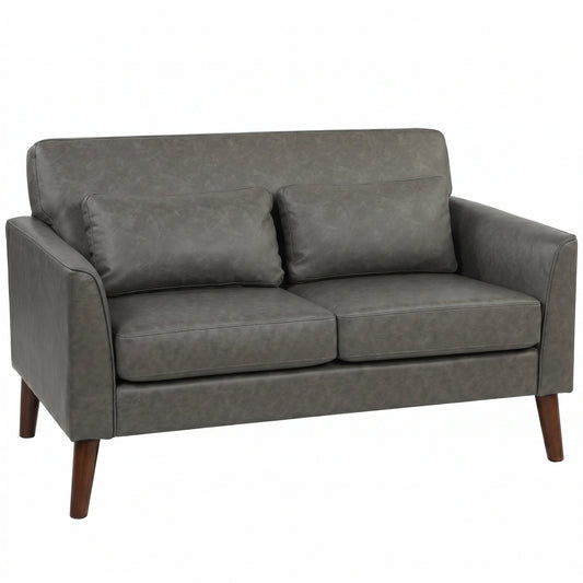 2 Seater Sofa, 132 cm Modern Small Sofa, PU Leather Upholstered Loveseat with Solid Wood Legs and 2 Pillows, Couch Settee for Small Space, Living Room, Bedroom, Home Office, Grey