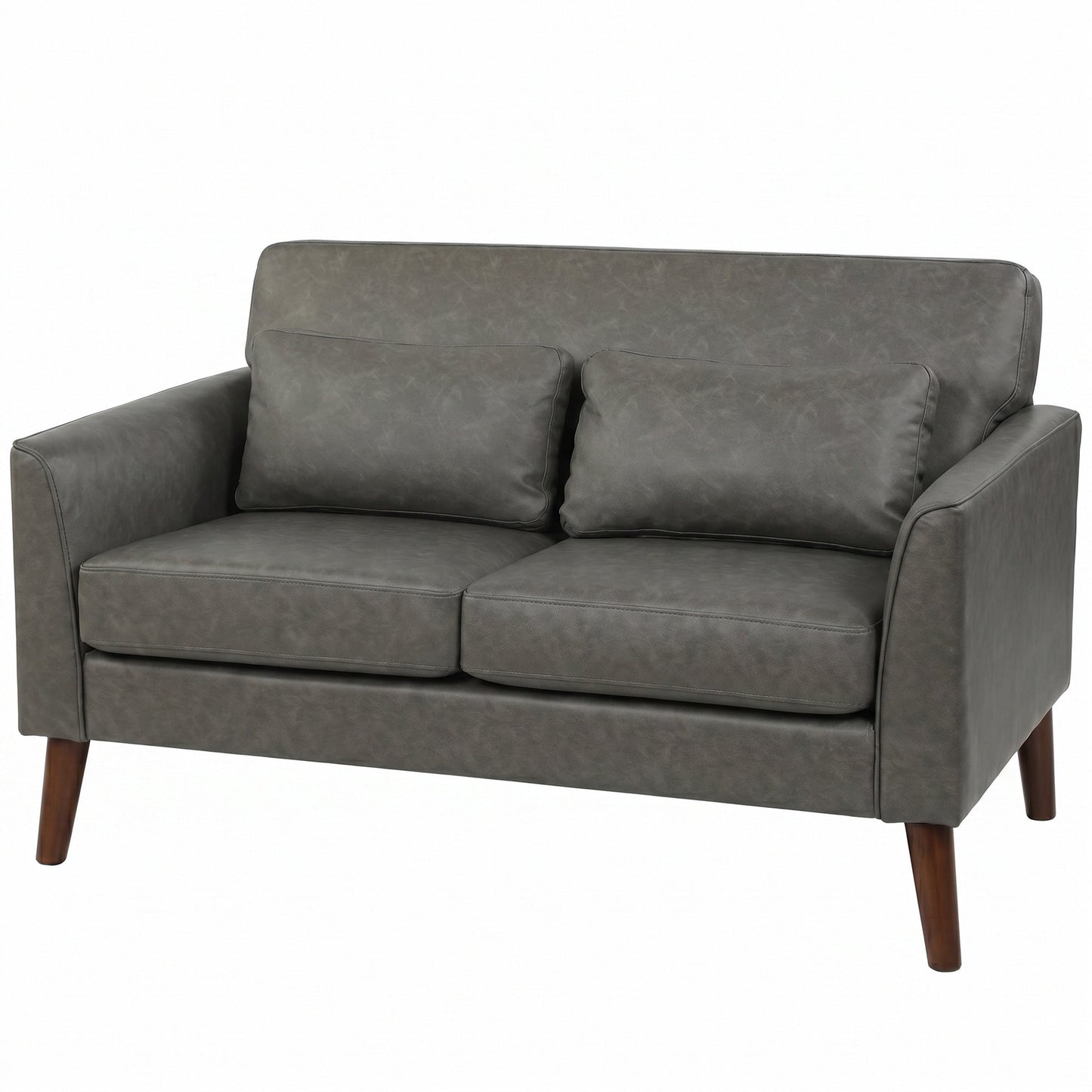 2 Seater Sofa, 132 cm Modern Small Sofa, PU Leather Upholstered Loveseat with Solid Wood Legs and 2 Pillows, Couch Settee for Small Space, Living Room, Bedroom, Home Office, Grey