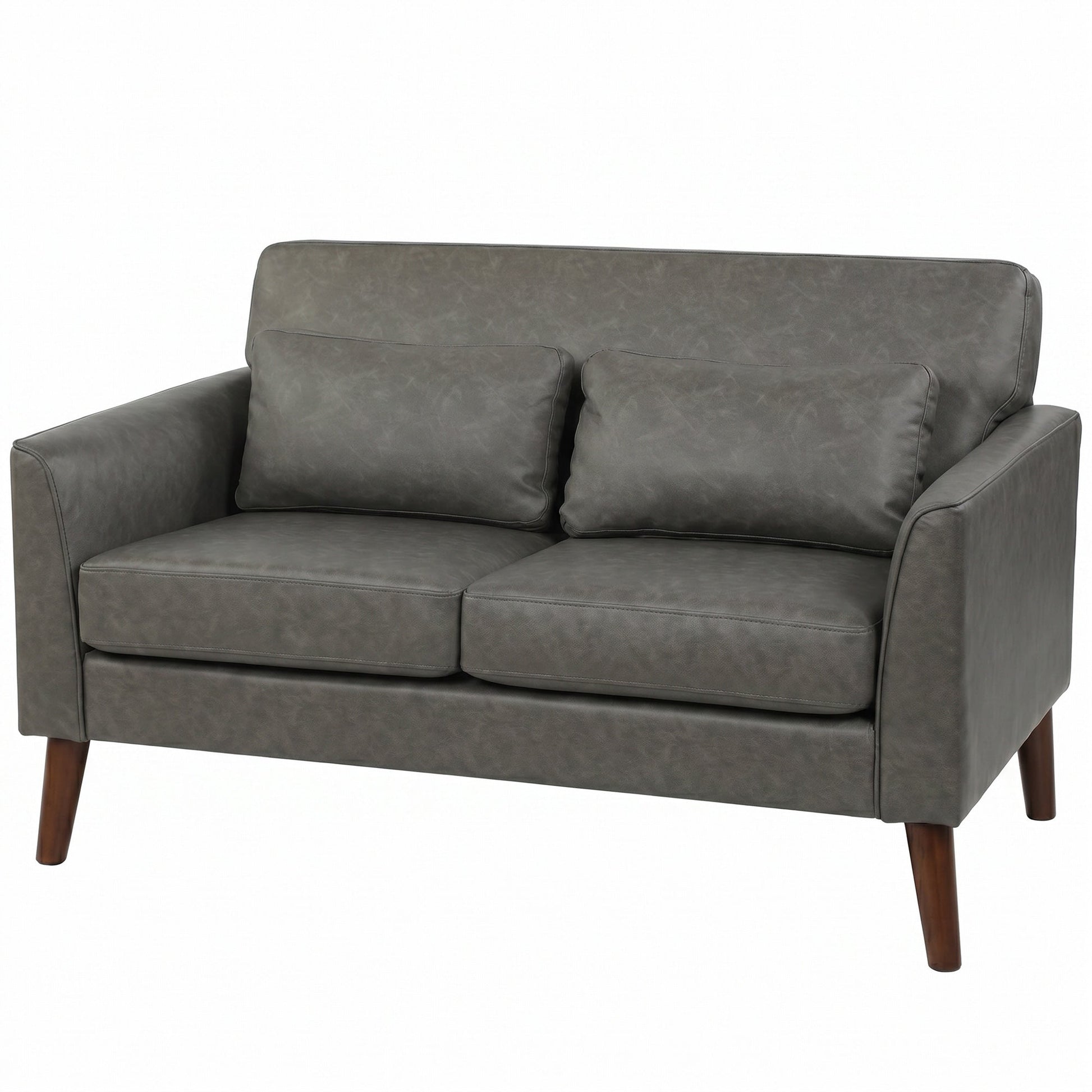2 Seater Sofa, 132 cm Modern Small Sofa, PU Leather Upholstered Loveseat with Solid Wood Legs and 2 Pillows, Couch Settee for Small Space, Living Room, Bedroom, Home Office, Grey