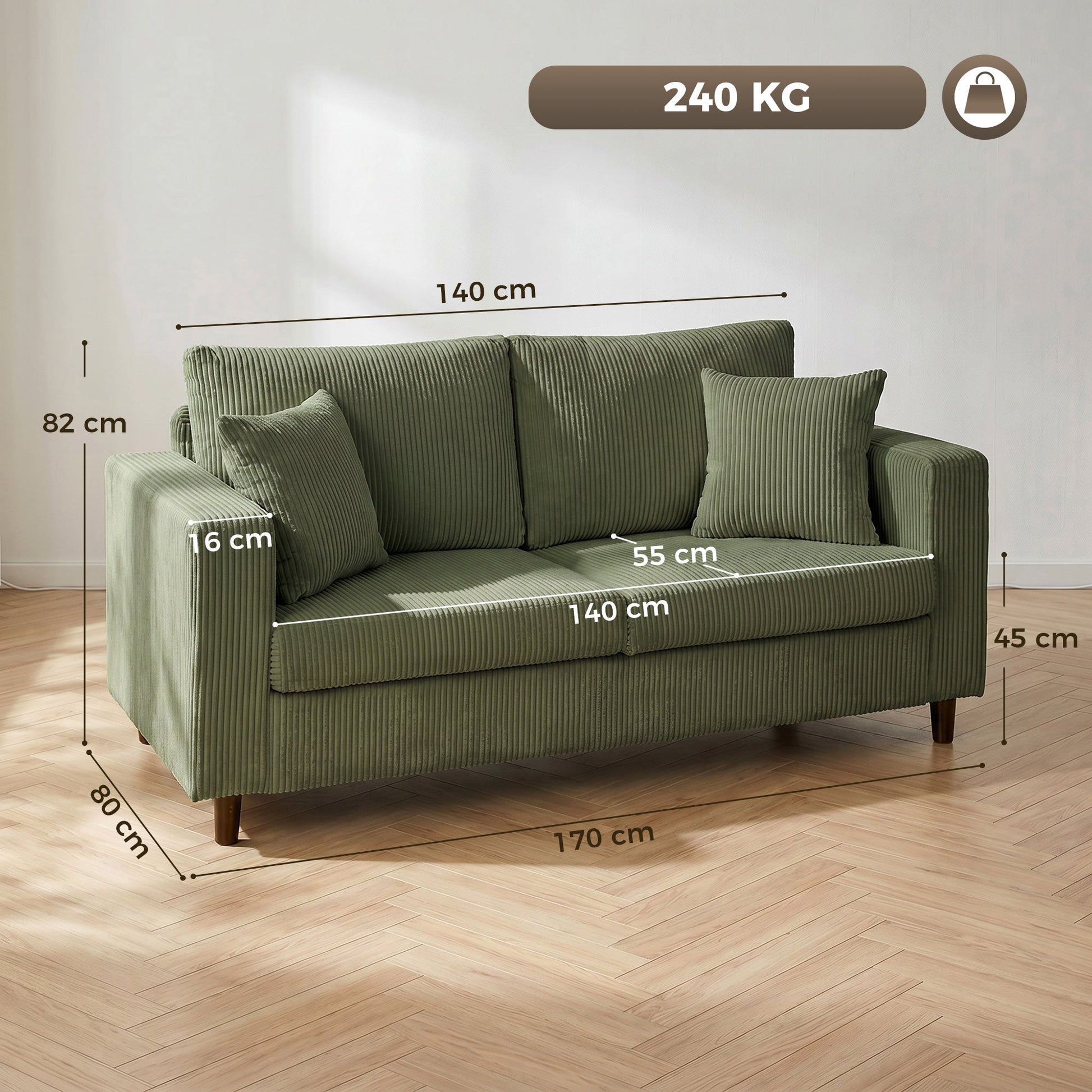2 Seater Sofa, 170 cm Comfy Corduroy Couch with Wide Deep Seat, Wide Armrests, Spring Cushion, Thick Padded, Solid Wood Legs, Loveseat Sofa for Living Room, Green