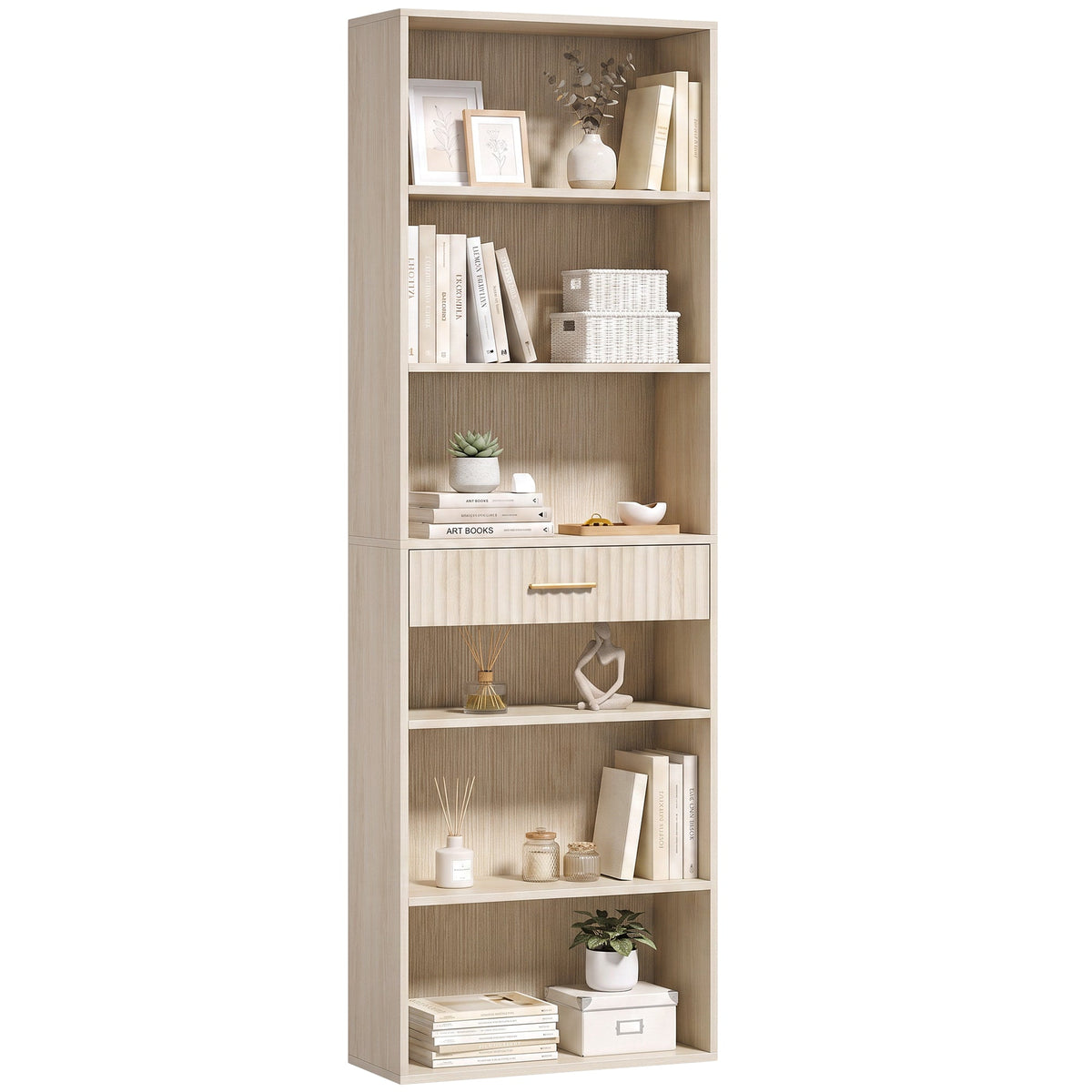 Tall Bookcase with Cubes, 7-Tier Bookshelf with Drawer, Freestanding Shelving Unit, 60 x 24 x 182 cm, Space-Saving for Study, Home Office, Living Room, Oak Wood Effect