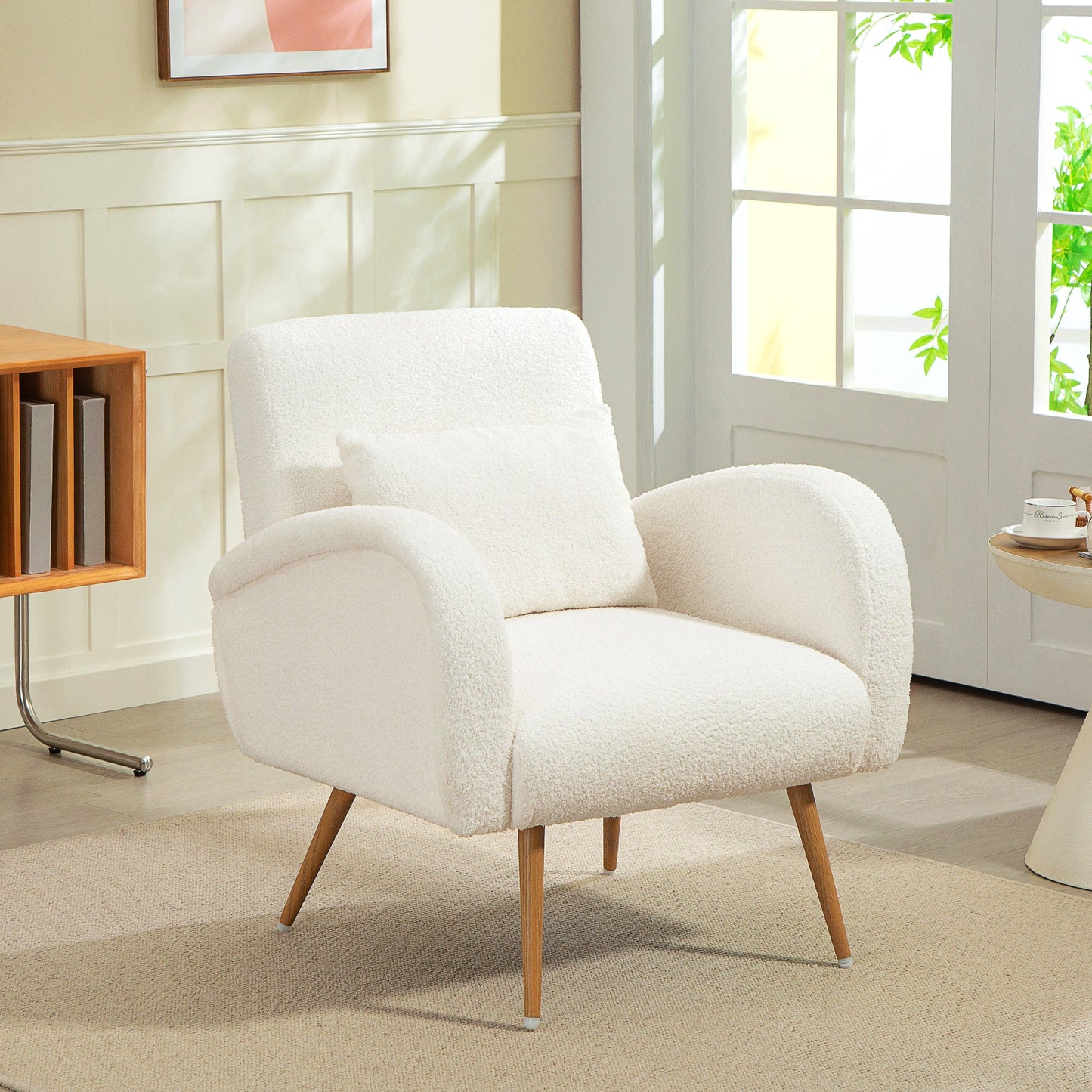 Modern Accent Chair, Teddy Fleece Upholstered Armchair with Lumbar Pillow, Metal Legs, Reading Lounge Chair for Living Room, Bedroom, Cream White