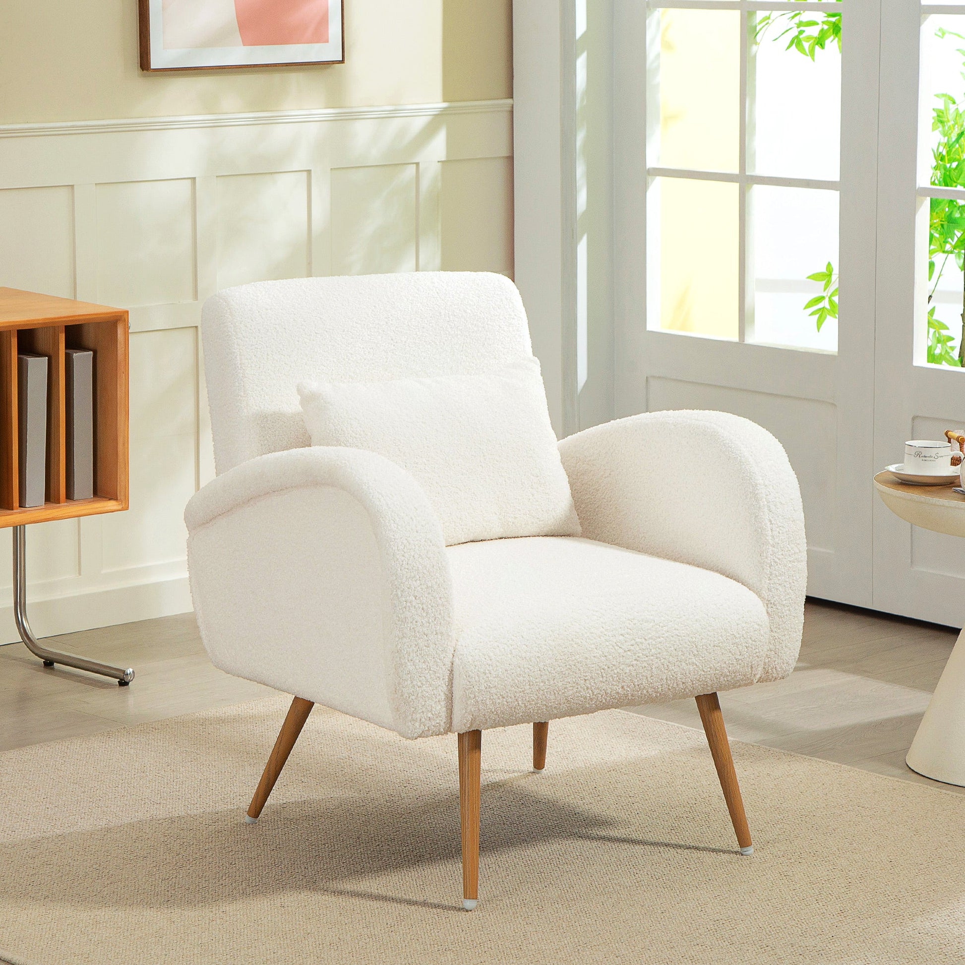 Modern Accent Chair, Teddy Fleece Upholstered Armchair with Lumbar Pillow, Metal Legs, Reading Lounge Chair for Living Room, Bedroom, Cream White