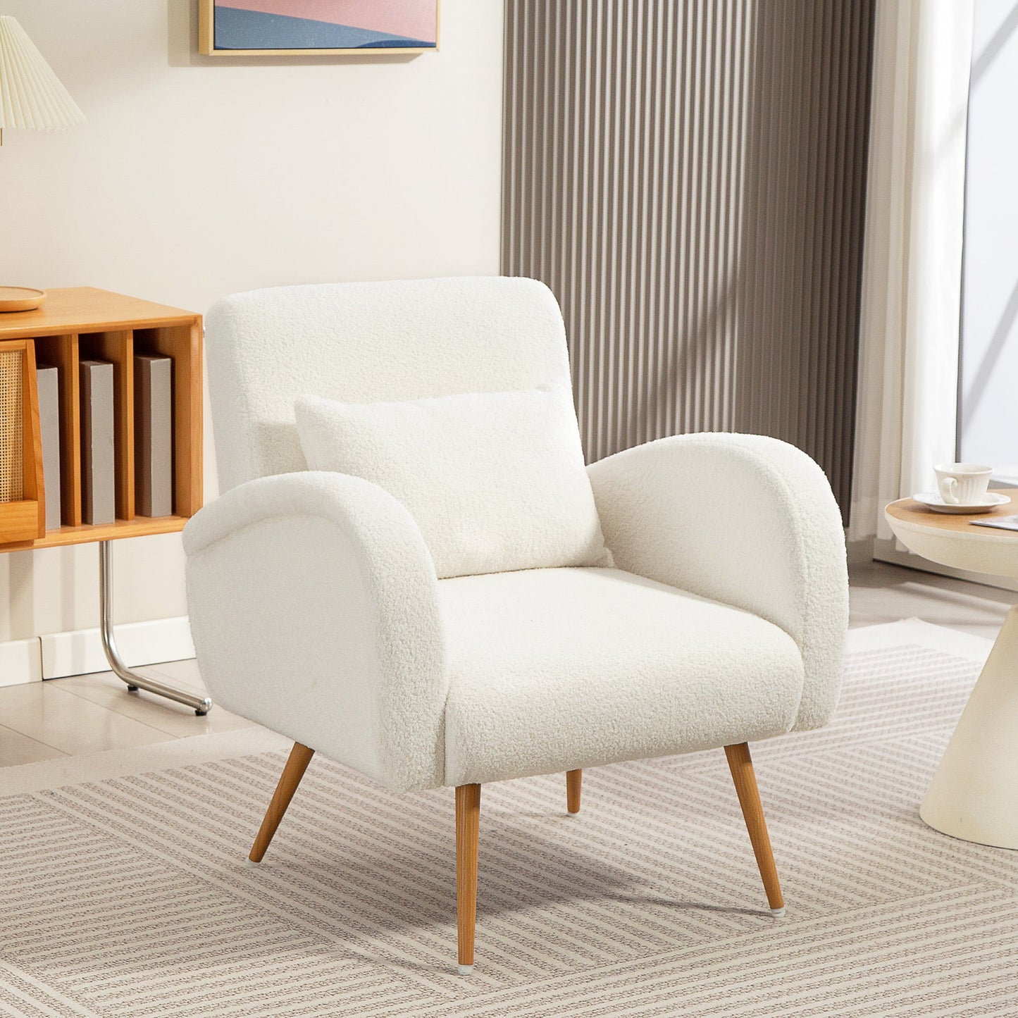 Modern Accent Chair, Teddy Fleece Upholstered Armchair with Lumbar Pillow, Metal Legs, Reading Lounge Chair for Living Room, Bedroom, Cream White