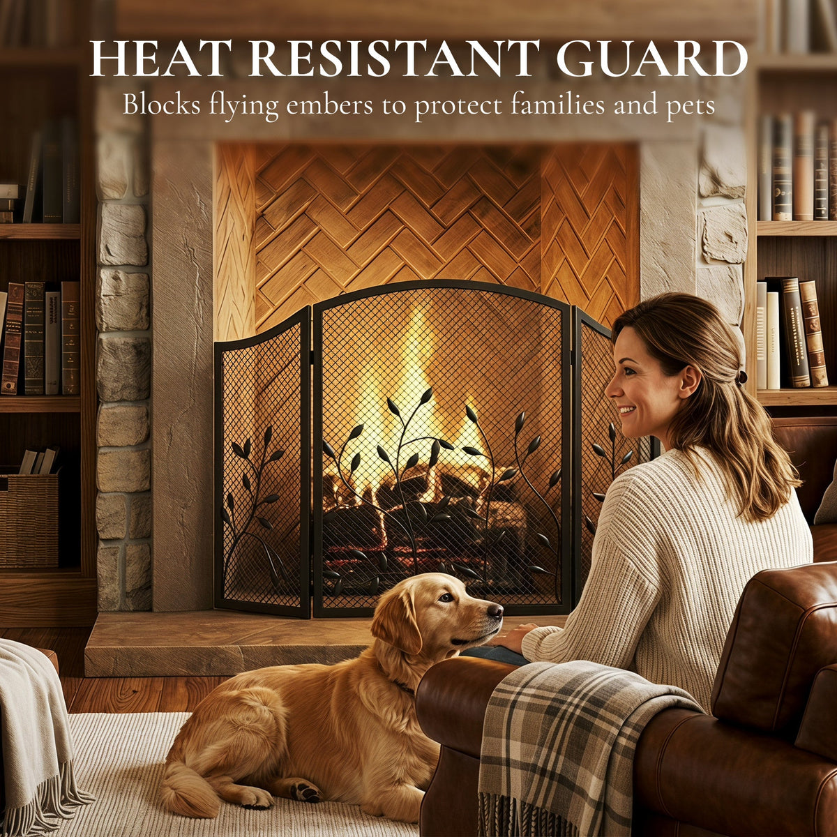 3-Panel Folding Fireplace Screen with Spark Guard for Hearth Protection, Heat-Resistant Metal Fire Screen, 122 x 1 x 75 cm, Black