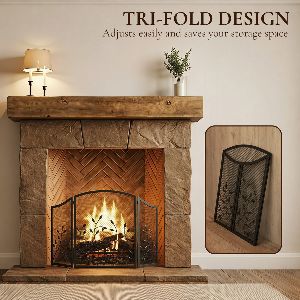 3-Panel Folding Fireplace Screen with Spark Guard for Hearth Protection, Heat-Resistant Metal Fire Screen, 122 x 1 x 75 cm, Black