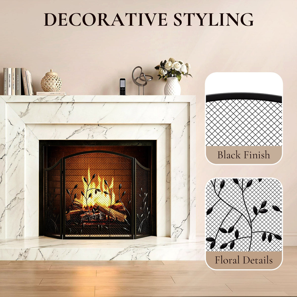 3-Panel Folding Fireplace Screen with Spark Guard for Hearth Protection, Heat-Resistant Metal Fire Screen, 122 x 1 x 75 cm, Black