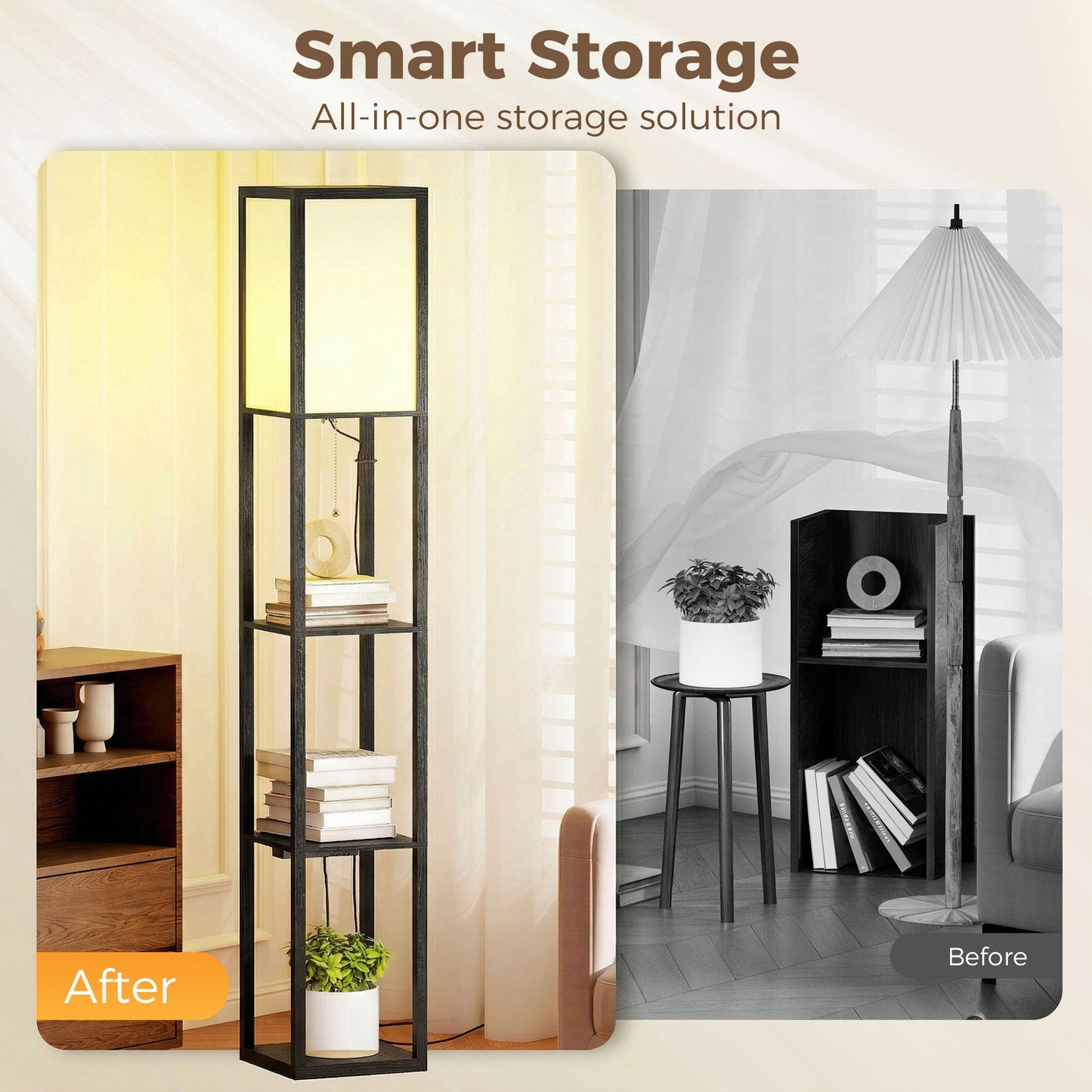 3-Tier Floor Lamp with Shelves and Storage, Modern Corner Standing Lamp with LED Bulb, Lampshade, Reading Light with Foot Switch for Living Room, Bedroom, Home Office, Black