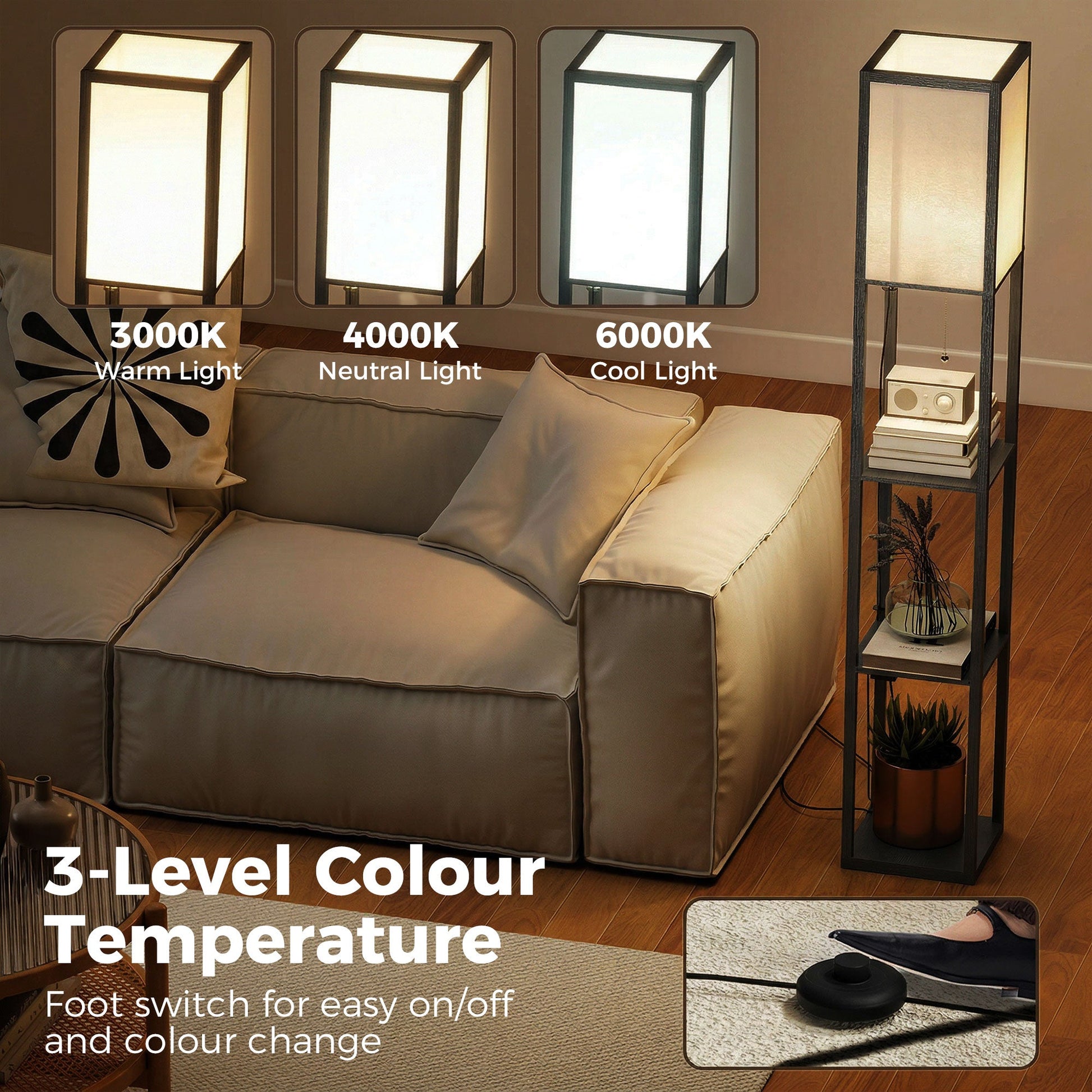 3-Tier Floor Lamp with Shelves and Storage, Modern Corner Standing Lamp with LED Bulb, Lampshade, Reading Light with Foot Switch for Living Room, Bedroom, Home Office, Black