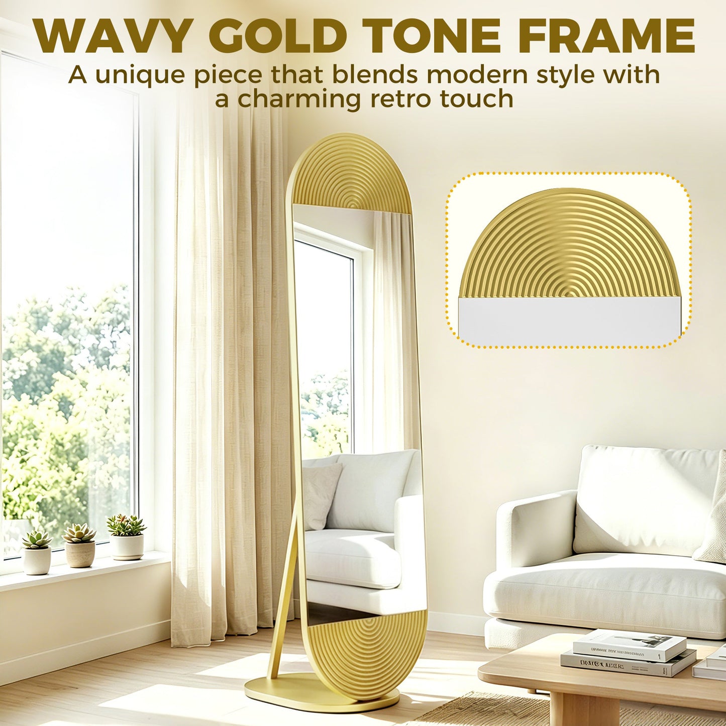 Wavy Full Length Mirror, 50 x 161 cm Free Standing Mirror with Metal Frame and Solid Base, for Bedroom, Living Room, Gold Tone